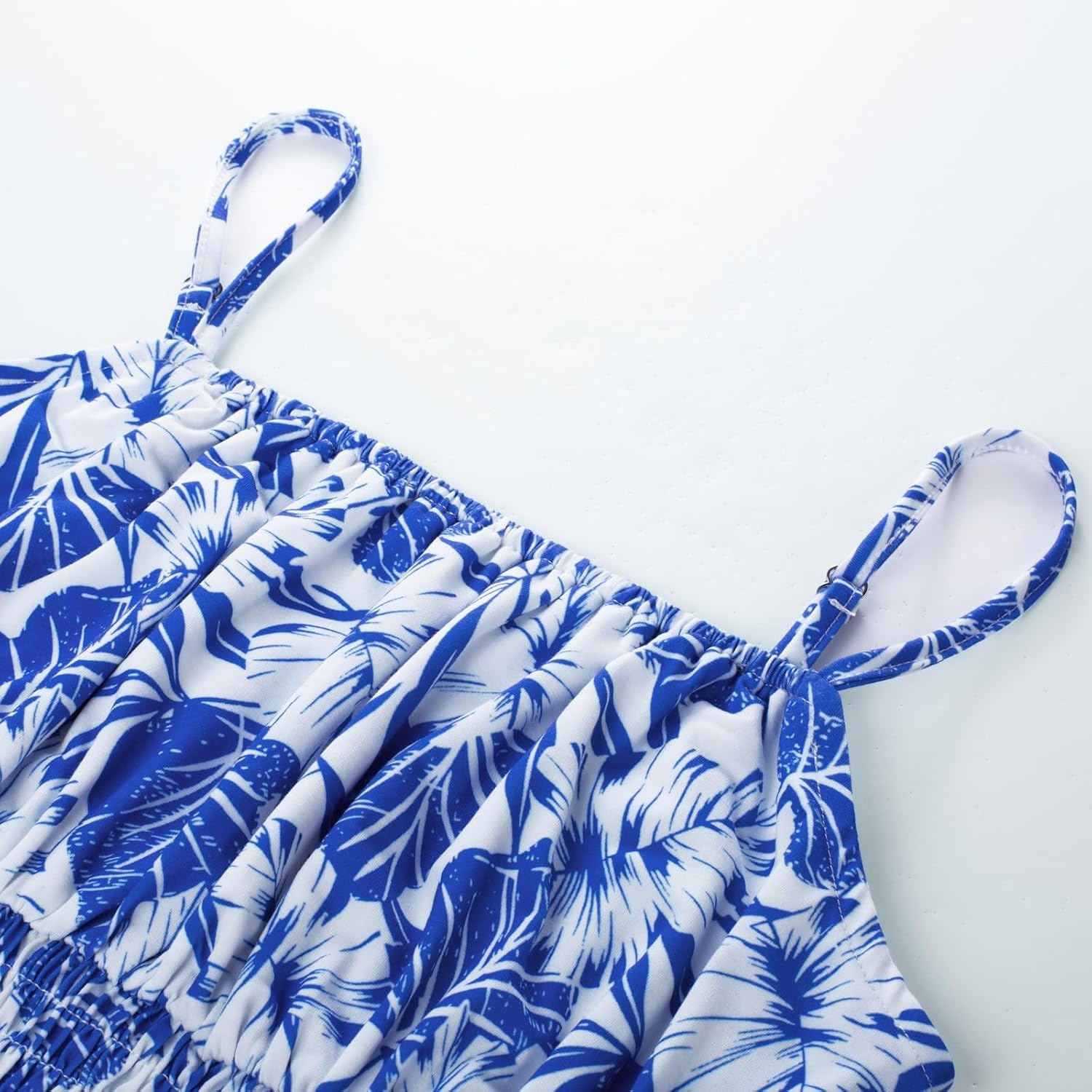 image:imageGRACE KARIN Summer Dresses for Women 2026 Vacation Boho Maxi Sundress Casual Smocked Waist Floral Printed Spaghetti Strap Sleeveless Beach Dresses With Pockets Fashion OutfitsBlue Leaves