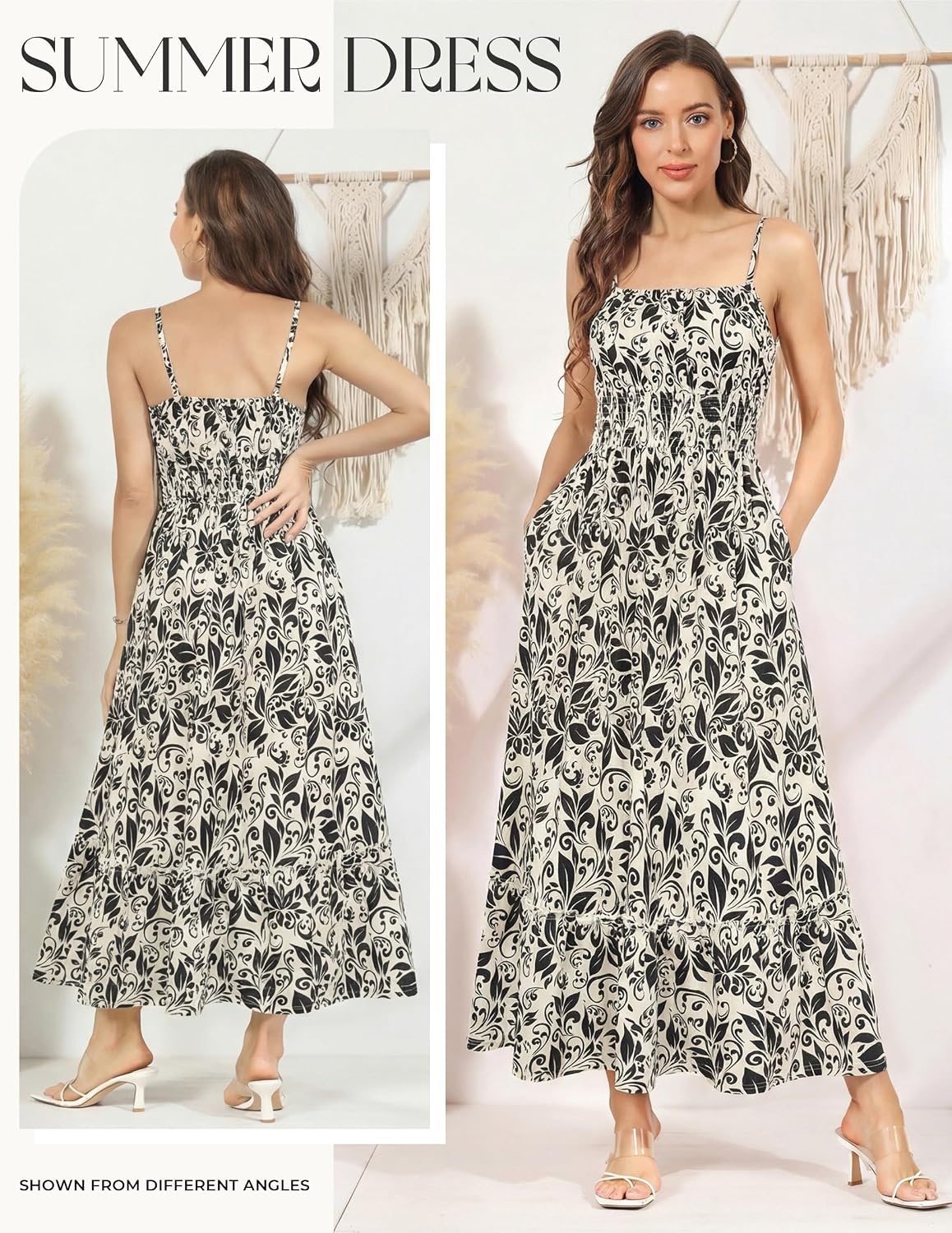 image:imageGRACE KARIN Summer Dresses for Women 2026 Vacation Boho Maxi Sundress Casual Smocked Waist Floral Printed Spaghetti Strap Sleeveless Beach Dresses With Pockets Fashion OutfitsBeige Black