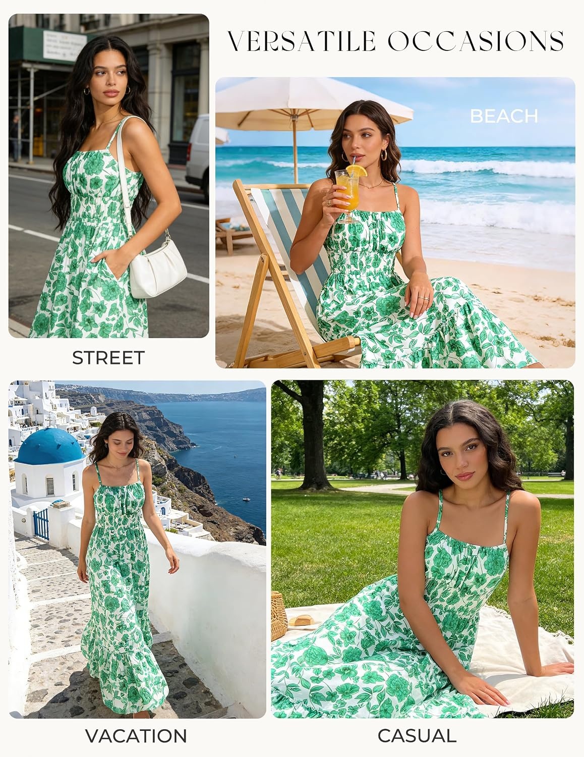 image:imageGRACE KARIN Summer Dresses for Women 2026 Vacation Boho Maxi Sundress Casual Smocked Waist Floral Printed Spaghetti Strap Sleeveless Beach Dresses With Pockets Fashion OutfitsGreen Floral