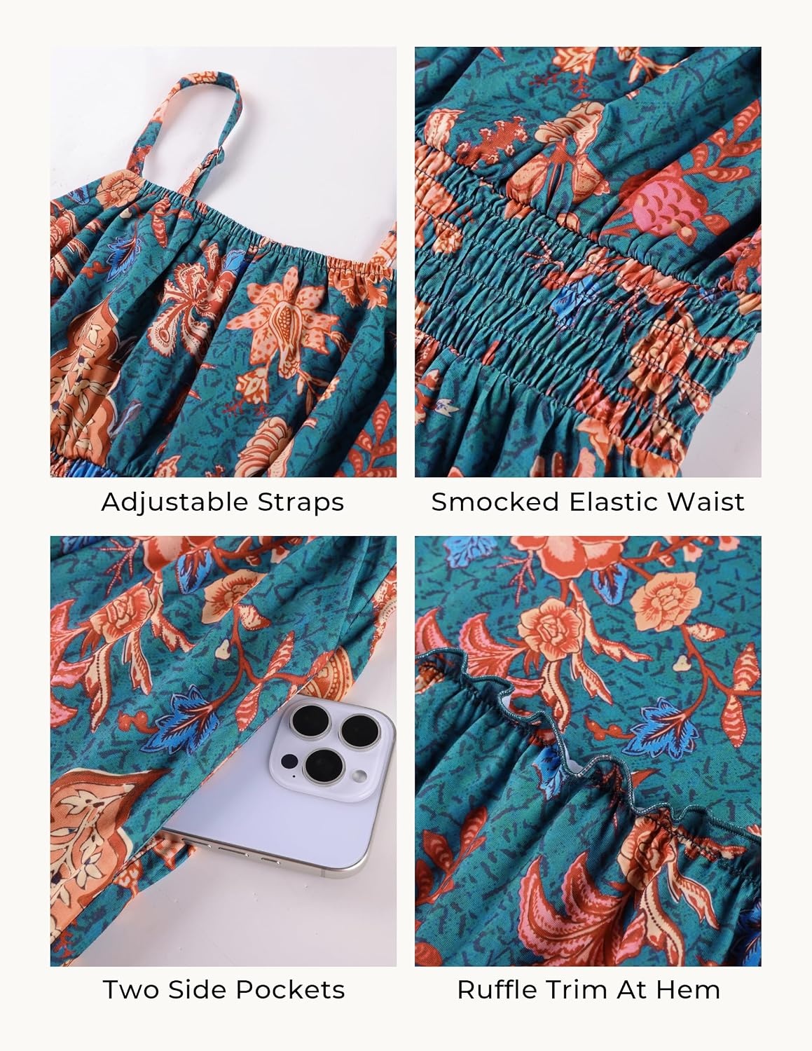 image:imageGRACE KARIN Summer Dresses for Women 2026 Vacation Boho Maxi Sundress Casual Smocked Waist Floral Printed Spaghetti Strap Sleeveless Beach Dresses With Pockets Fashion OutfitsDark Blue Green