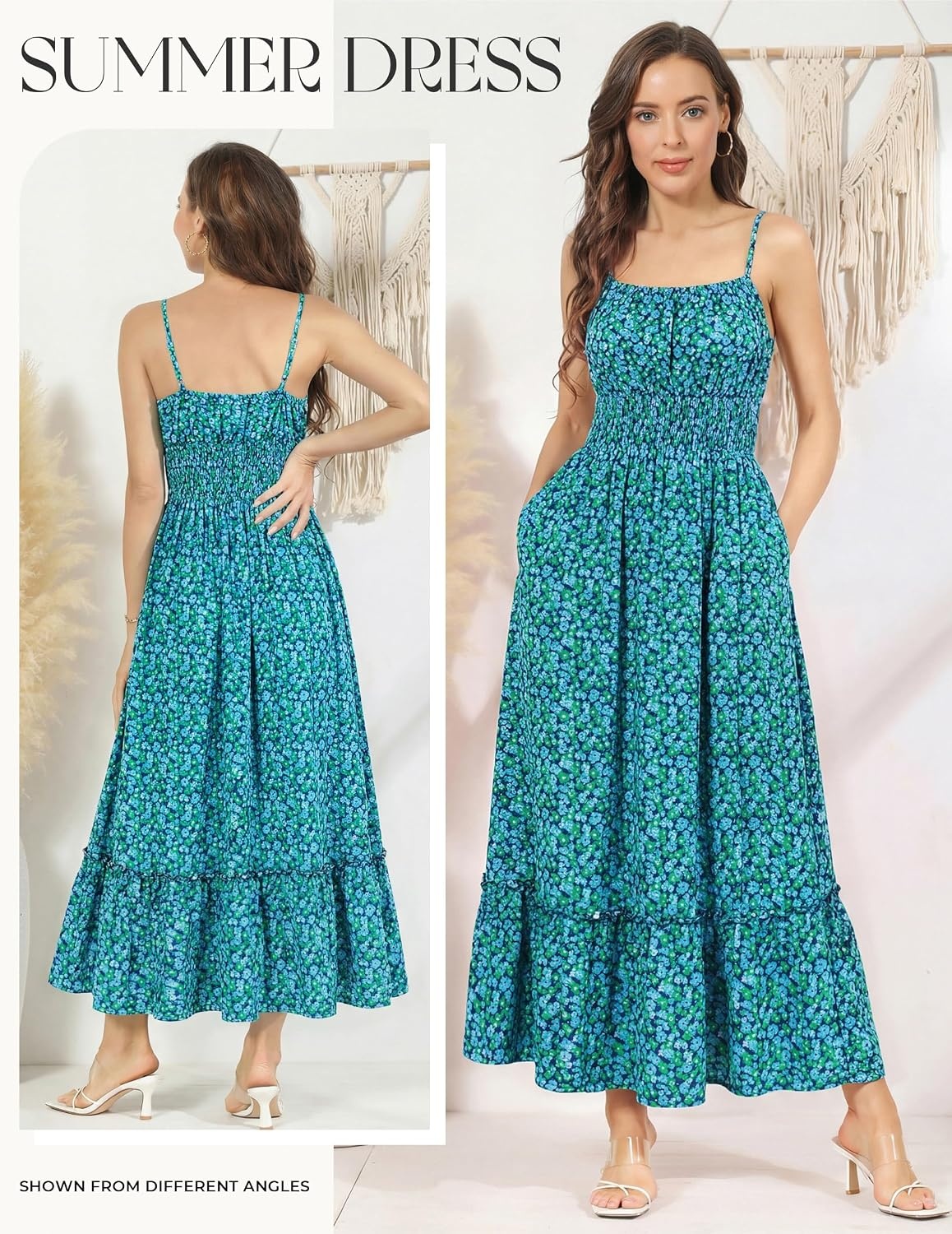 image:imageGRACE KARIN Summer Dresses for Women 2026 Vacation Boho Maxi Sundress Casual Smocked Waist Floral Printed Spaghetti Strap Sleeveless Beach Dresses With Pockets Fashion OutfitsGreen Blue