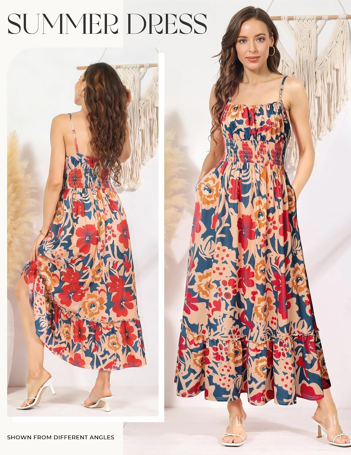 image:imageGRACE KARIN Summer Dresses for Women 2026 Vacation Boho Maxi Sundress Casual Smocked Waist Floral Printed Spaghetti Strap Sleeveless Beach Dresses With Pockets Fashion OutfitsNavy Brown