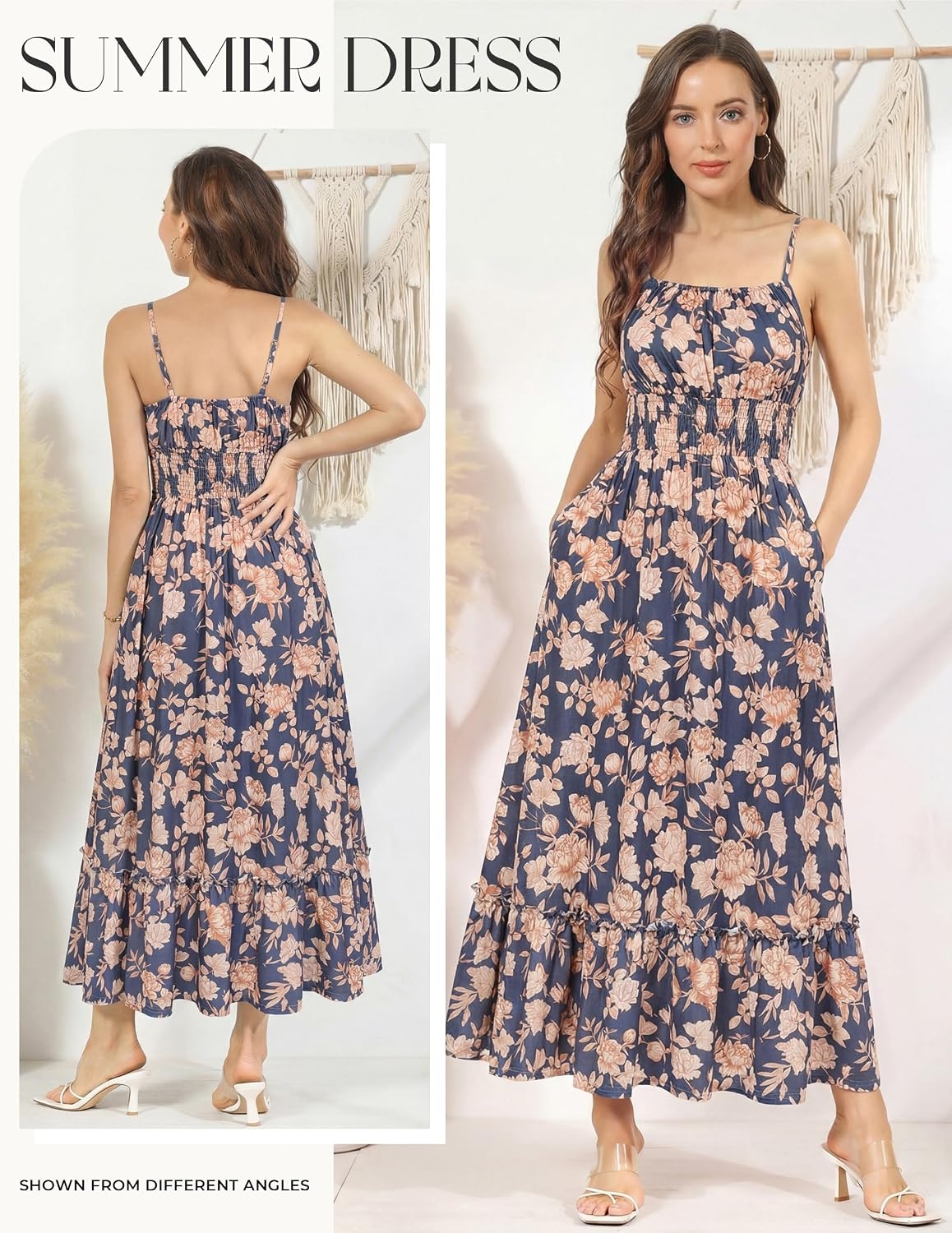 image:imageGRACE KARIN Summer Dresses for Women 2026 Vacation Boho Maxi Sundress Casual Smocked Waist Floral Printed Spaghetti Strap Sleeveless Beach Dresses With Pockets Fashion OutfitsNavy Blue Floral