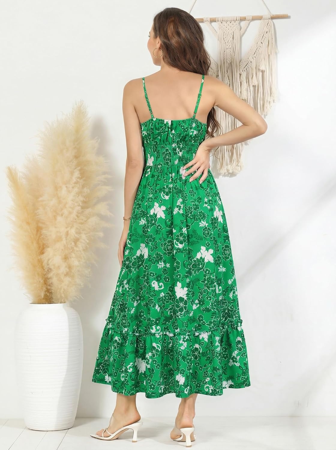 image:imageGRACE KARIN Summer Dresses for Women 2026 Vacation Boho Maxi Sundress Casual Smocked Waist Floral Printed Spaghetti Strap Sleeveless Beach Dresses With Pockets Fashion OutfitsGreen White