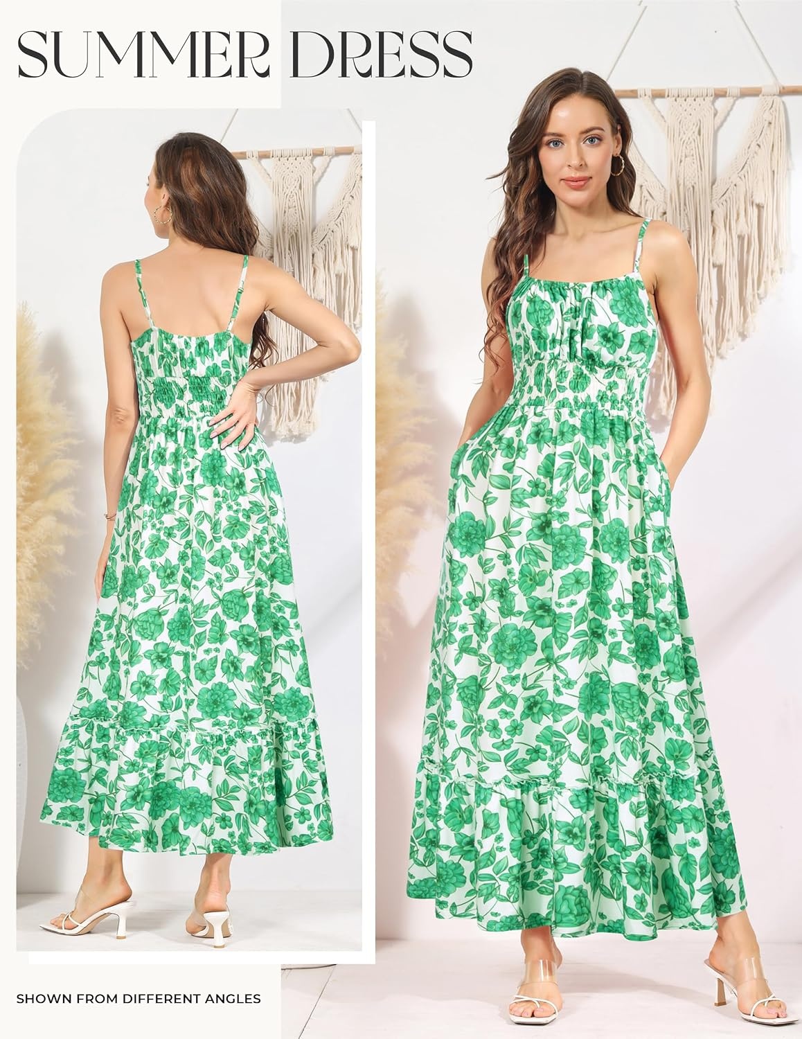 image:imageGRACE KARIN Summer Dresses for Women 2026 Vacation Boho Maxi Sundress Casual Smocked Waist Floral Printed Spaghetti Strap Sleeveless Beach Dresses With Pockets Fashion OutfitsGreen Floral