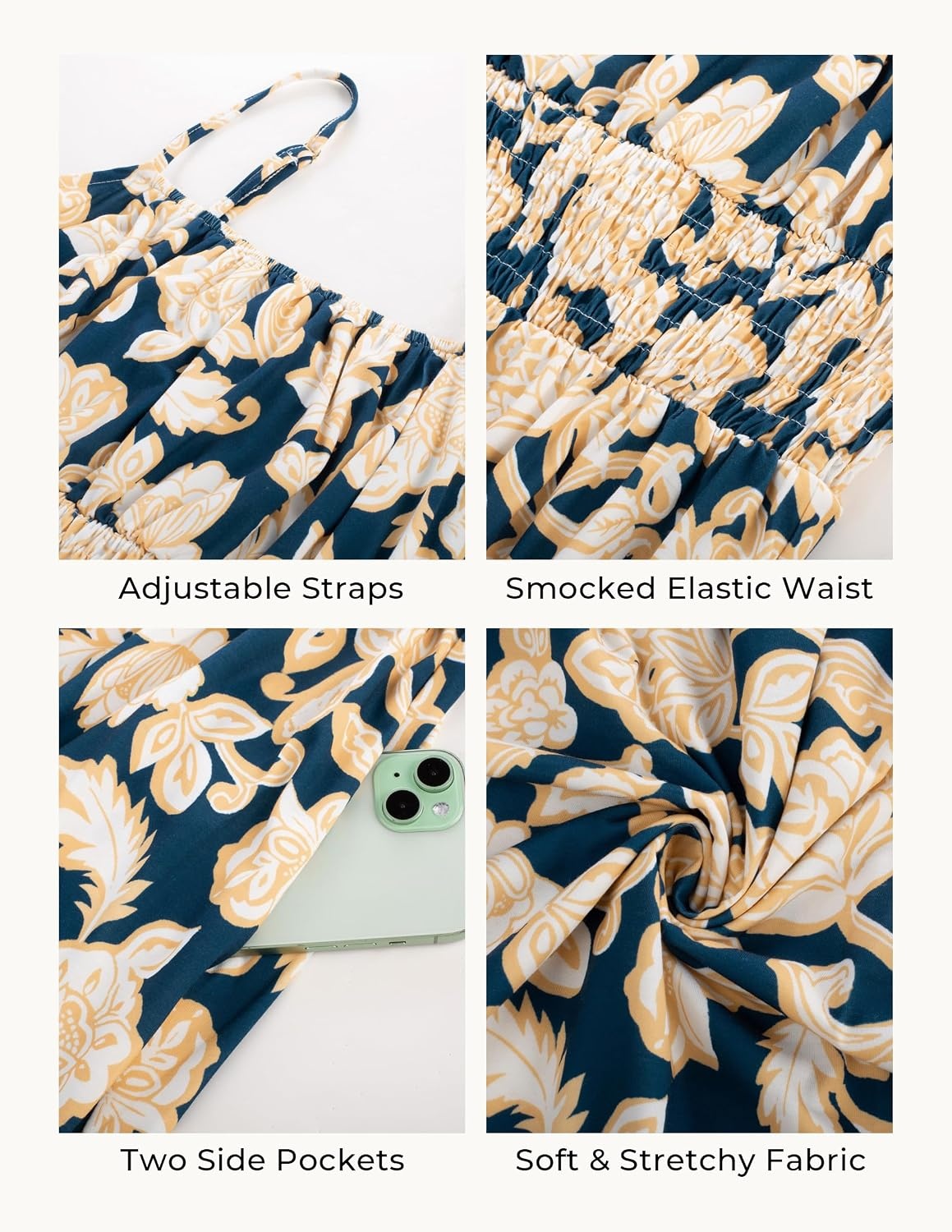 image:imageGRACE KARIN Summer Dresses for Women 2026 Vacation Boho Maxi Sundress Casual Smocked Waist Floral Printed Spaghetti Strap Sleeveless Beach Dresses With Pockets Fashion OutfitsNavy Flower
