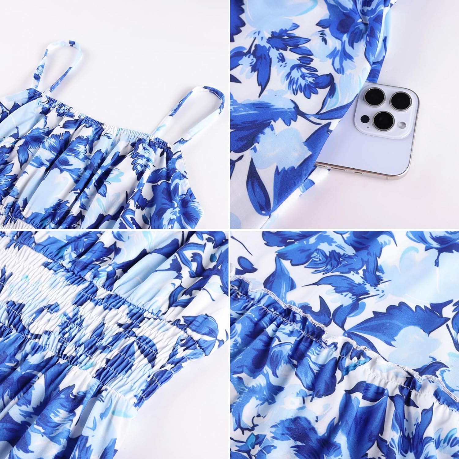 image:imageGRACE KARIN Summer Dresses for Women 2026 Vacation Boho Maxi Sundress Casual Smocked Waist Floral Printed Spaghetti Strap Sleeveless Beach Dresses With Pockets Fashion OutfitsBlue