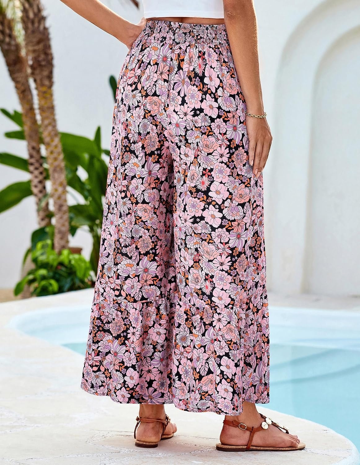 image:imageGRACE KARIN Wome Palazzo Wide Leg Pants Summer Boho Flowy Beach Trousers BeltedPockestElastic High WaistedPull OnAline FlarePrintedTravelComfyVacationHawaiiHoneymoonPink Floral