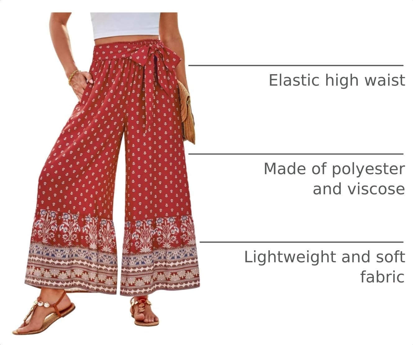 image:imageGRACE KARIN Wome Palazzo Wide Leg Pants Summer Boho Flowy Beach Trousers BeltedPockestElastic High WaistedPull OnAline FlarePrintedTravelComfyVacationHawaiiHoneymoonRed Dots