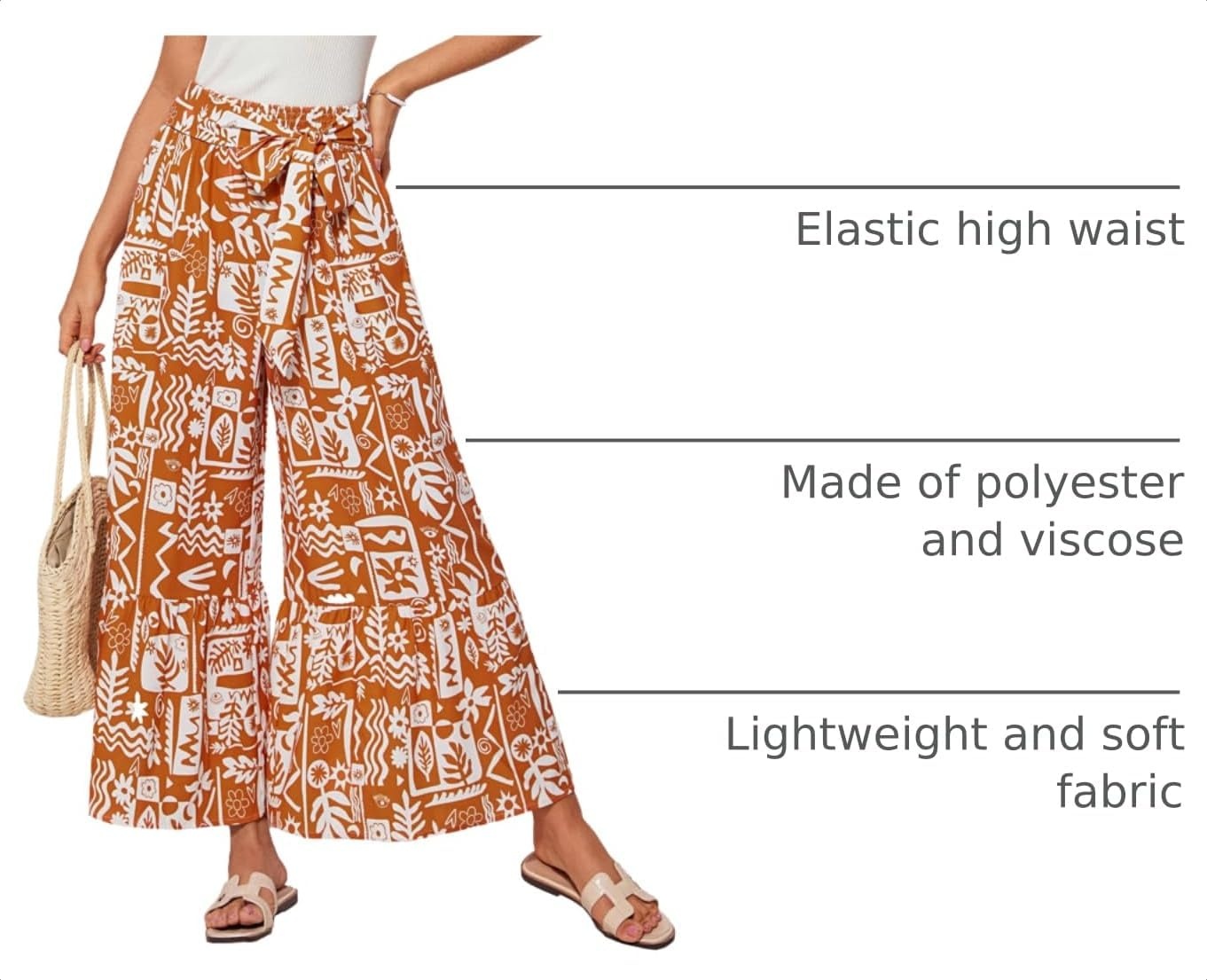 image:imageGRACE KARIN Wome Palazzo Wide Leg Pants Summer Boho Flowy Beach Trousers BeltedPockestElastic High WaistedPull OnAline FlarePrintedTravelComfyVacationHawaiiHoneymoonOrange Floral