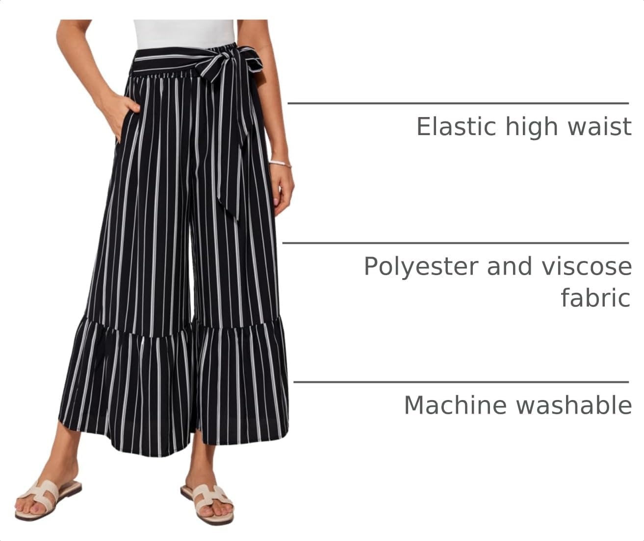 image:imageGRACE KARIN Wome Palazzo Wide Leg Pants Summer Boho Flowy Beach Trousers BeltedPockestElastic High WaistedPull OnAline FlarePrintedTravelComfyVacationHawaiiHoneymoonBlack Striped