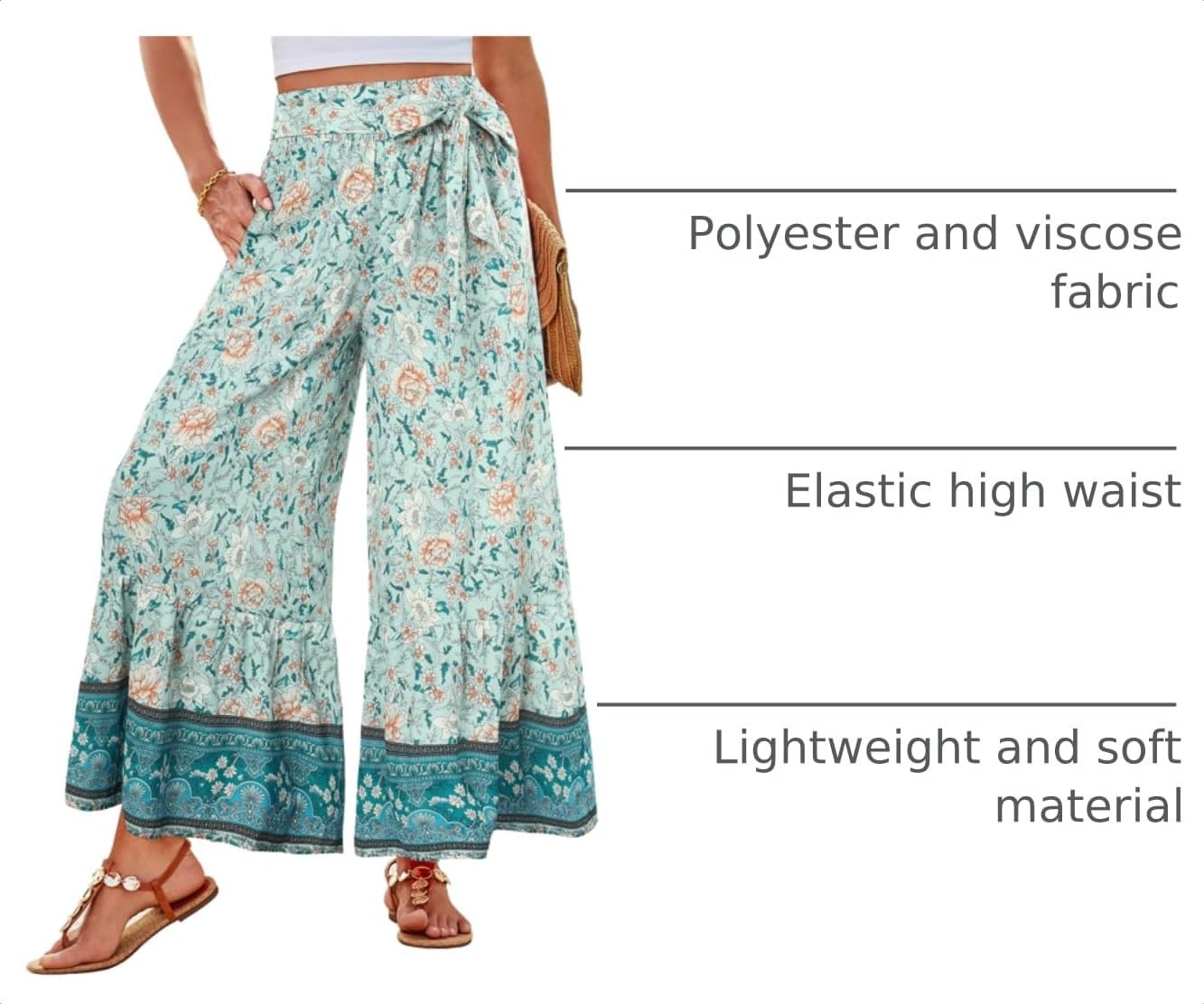 image:imageGRACE KARIN Wome Palazzo Wide Leg Pants Summer Boho Flowy Beach Trousers BeltedPockestElastic High WaistedPull OnAline FlarePrintedTravelComfyVacationHawaiiHoneymoonMint Floral