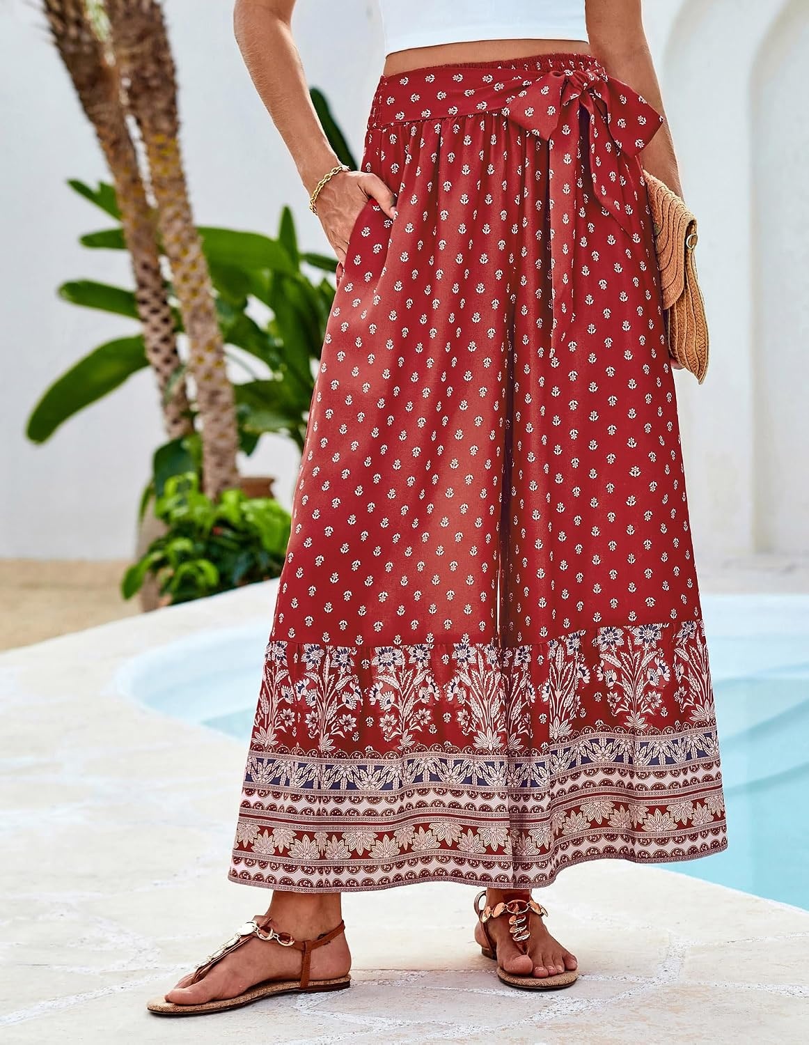 image:imageGRACE KARIN Wome Palazzo Wide Leg Pants Summer Boho Flowy Beach Trousers BeltedPockestElastic High WaistedPull OnAline FlarePrintedTravelComfyVacationHawaiiHoneymoonRed Dots