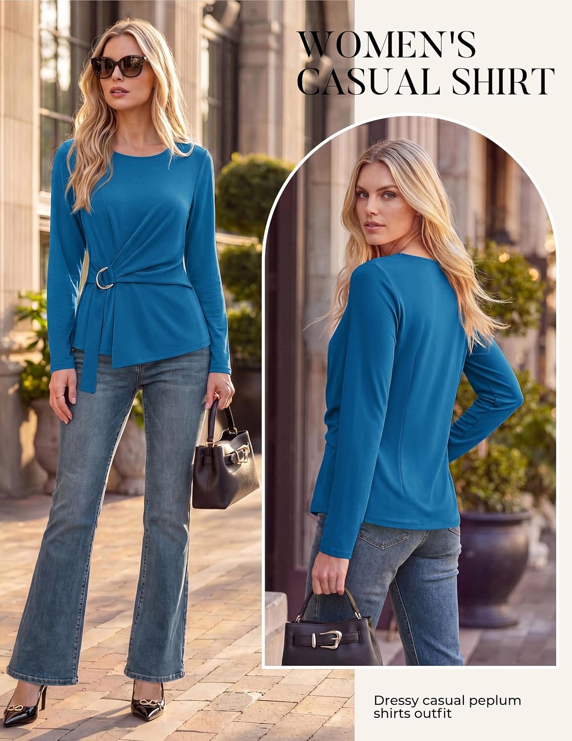 image:imageGRACE KARIN Women Long Sleeve Peplum Top Dressy Casual Shirt 2026 Summer Work Shirts Slim Fit Business Tunic Blouses with Belt Trendy Fashion ClothesSky Blue