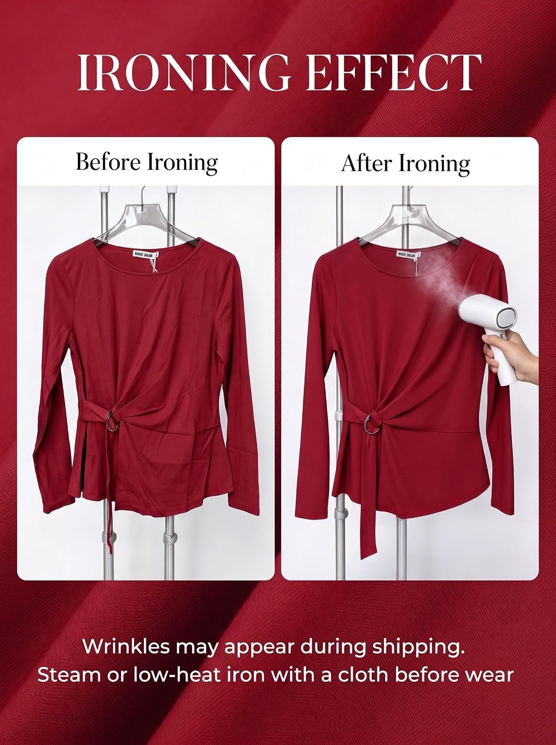 image:imageGRACE KARIN Women Long Sleeve Peplum Top Dressy Casual Shirt 2026 Summer Work Shirts Slim Fit Business Tunic Blouses with Belt Trendy Fashion ClothesRed