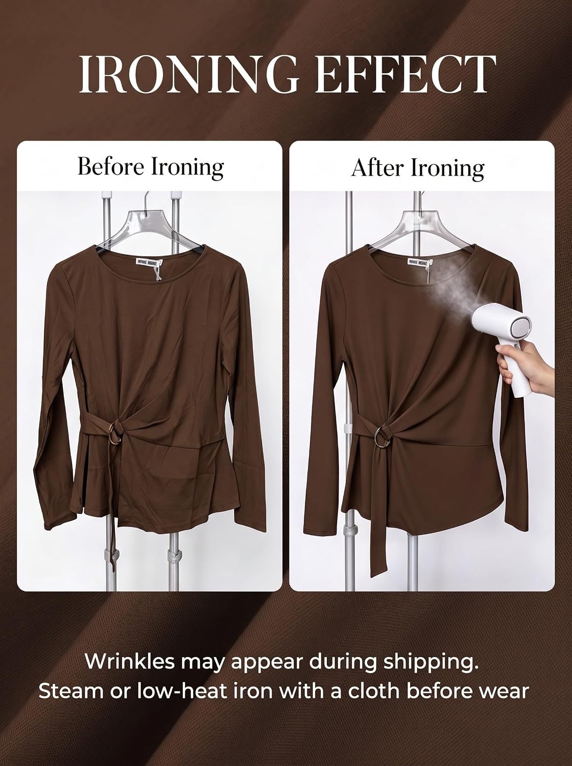 image:imageGRACE KARIN Women Long Sleeve Peplum Top Dressy Casual Shirt 2026 Summer Work Shirts Slim Fit Business Tunic Blouses with Belt Trendy Fashion ClothesBrown