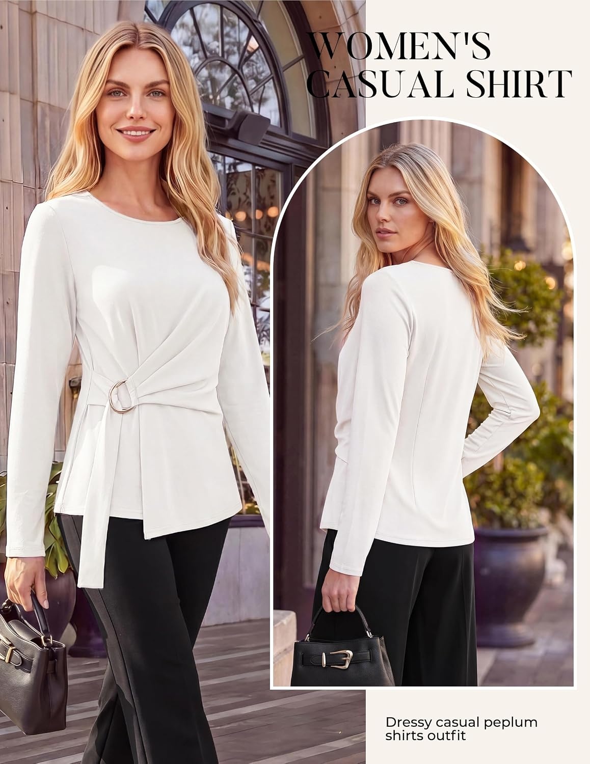 image:imageGRACE KARIN Women Long Sleeve Peplum Top Dressy Casual Shirt 2026 Summer Work Shirts Slim Fit Business Tunic Blouses with Belt Trendy Fashion ClothesWhite