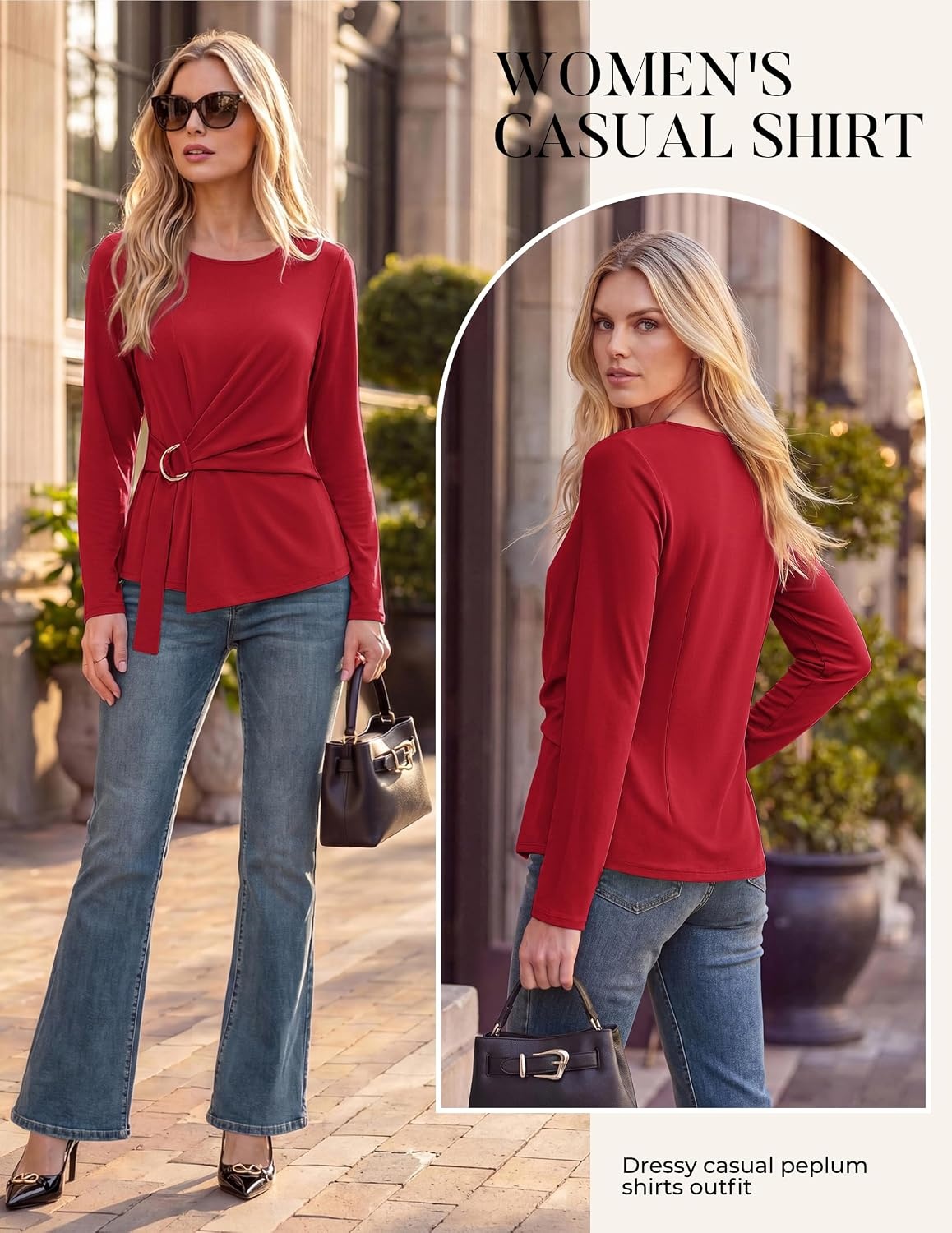 image:imageGRACE KARIN Women Long Sleeve Peplum Top Dressy Casual Shirt 2026 Summer Work Shirts Slim Fit Business Tunic Blouses with Belt Trendy Fashion ClothesRed