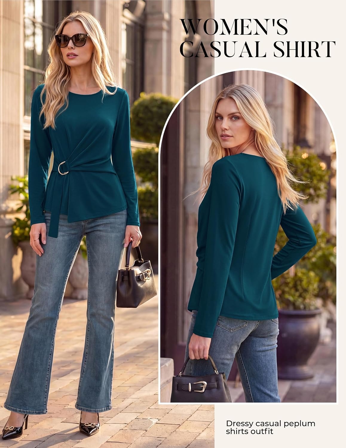 image:imageGRACE KARIN Women Long Sleeve Peplum Top Dressy Casual Shirt 2026 Summer Work Shirts Slim Fit Business Tunic Blouses with Belt Trendy Fashion ClothesBlue Green