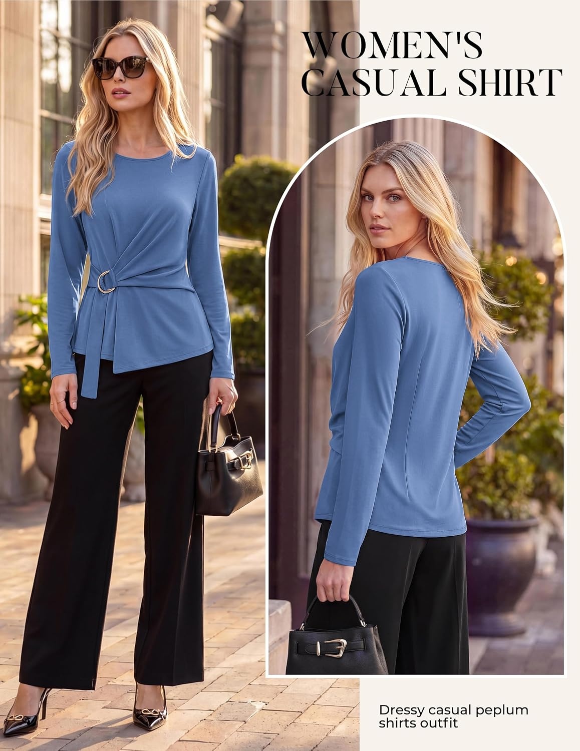 image:imageGRACE KARIN Women Long Sleeve Peplum Top Dressy Casual Shirt 2026 Summer Work Shirts Slim Fit Business Tunic Blouses with Belt Trendy Fashion ClothesGray Blue