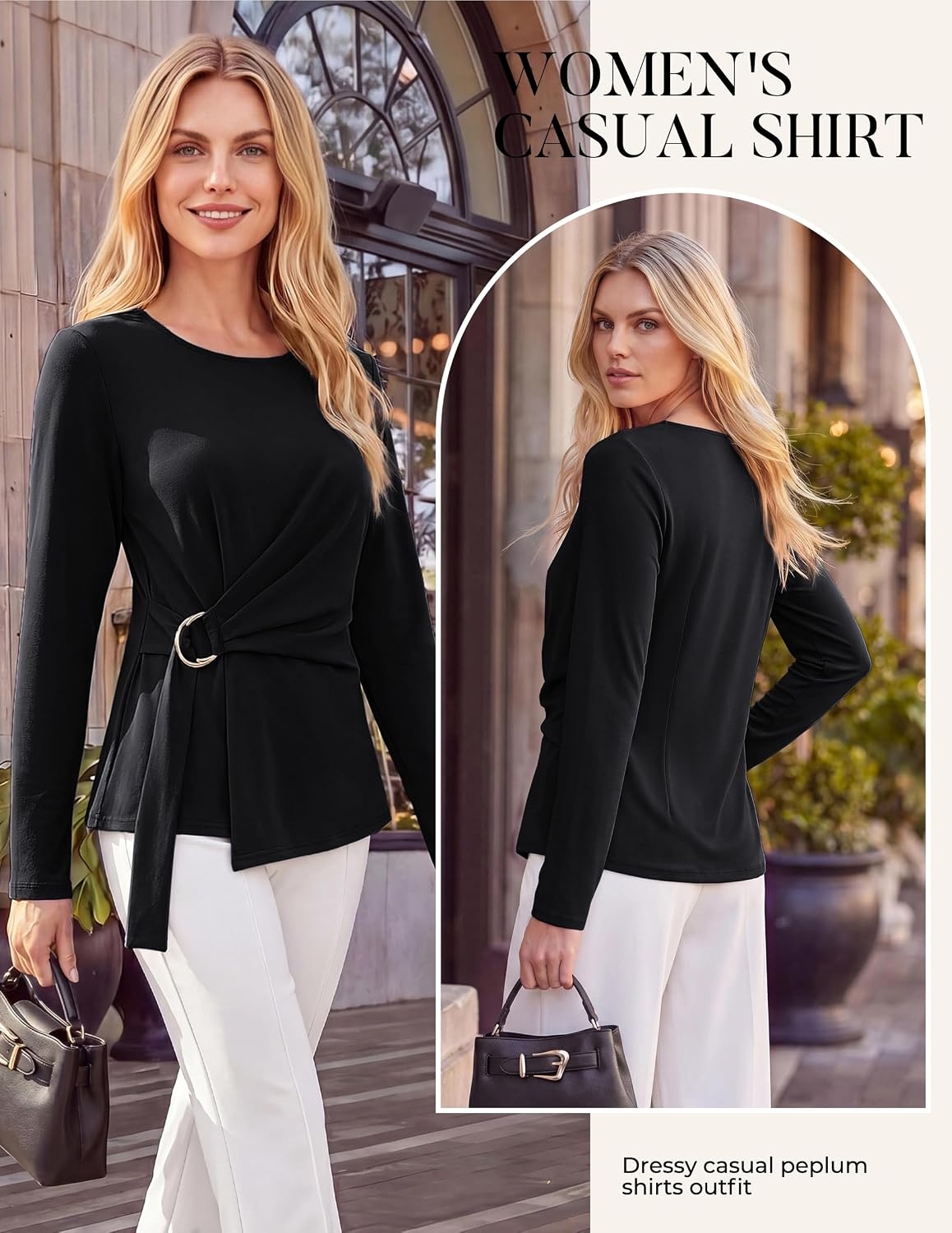 image:imageGRACE KARIN Women Long Sleeve Peplum Top Dressy Casual Shirt 2026 Summer Work Shirts Slim Fit Business Tunic Blouses with Belt Trendy Fashion ClothesBlack