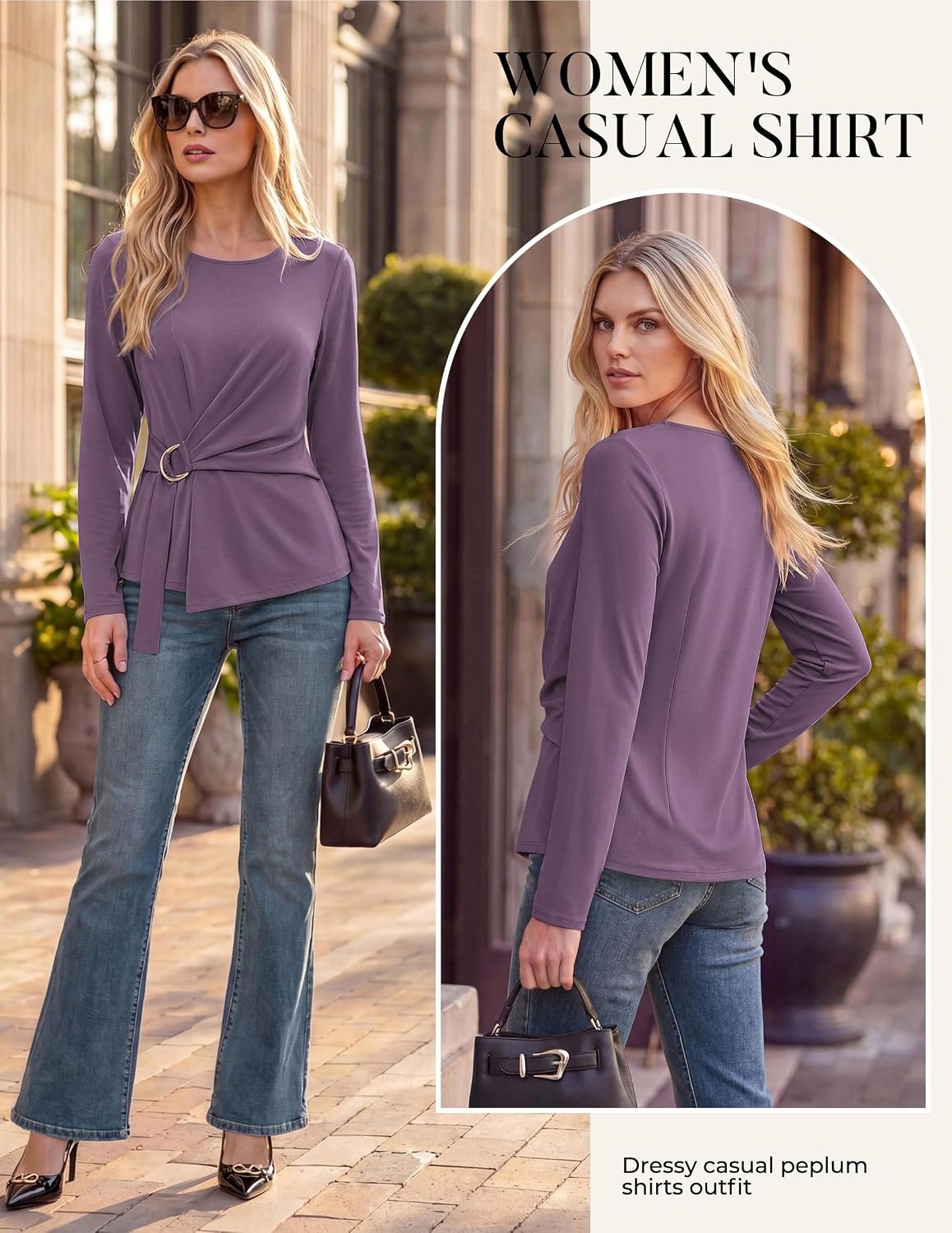 image:imageGRACE KARIN Women Long Sleeve Peplum Top Dressy Casual Shirt 2026 Summer Work Shirts Slim Fit Business Tunic Blouses with Belt Trendy Fashion ClothesPurple