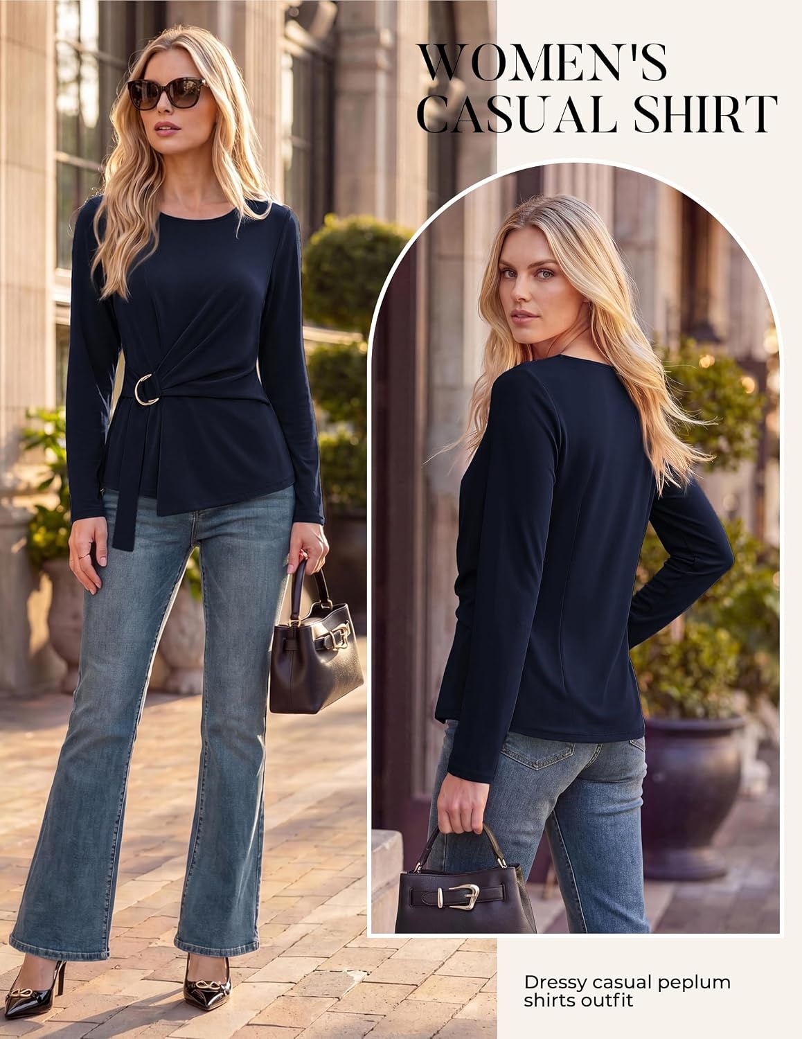 image:imageGRACE KARIN Women Long Sleeve Peplum Top Dressy Casual Shirt 2026 Summer Work Shirts Slim Fit Business Tunic Blouses with Belt Trendy Fashion ClothesNavy Blue