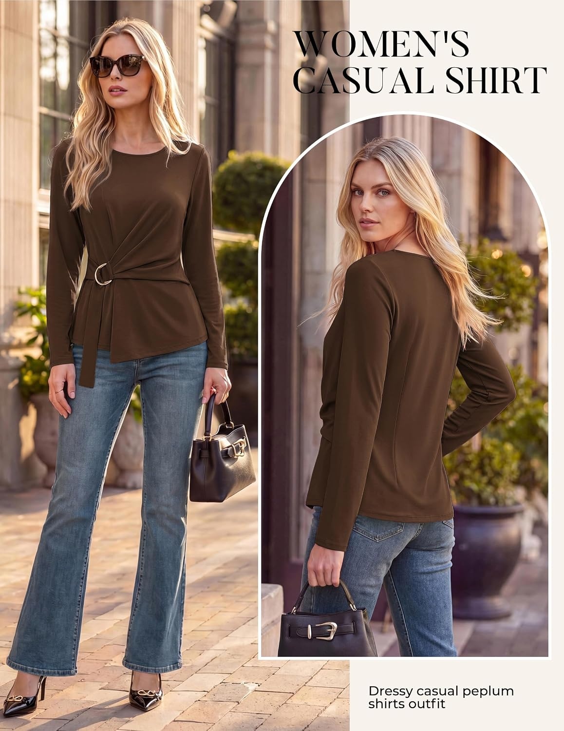 image:imageGRACE KARIN Women Long Sleeve Peplum Top Dressy Casual Shirt 2026 Summer Work Shirts Slim Fit Business Tunic Blouses with Belt Trendy Fashion ClothesBrown