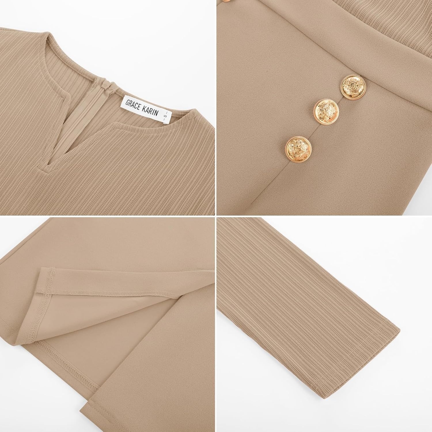 image:imageGRACE KARIN Womens 2026 Fall Long Sleeve Work Midi Dress Bodycon Business Casual Office Sheath Church Henley V Neck Metal Button Elegant Ribbed Knit Formal StretchyKhaki