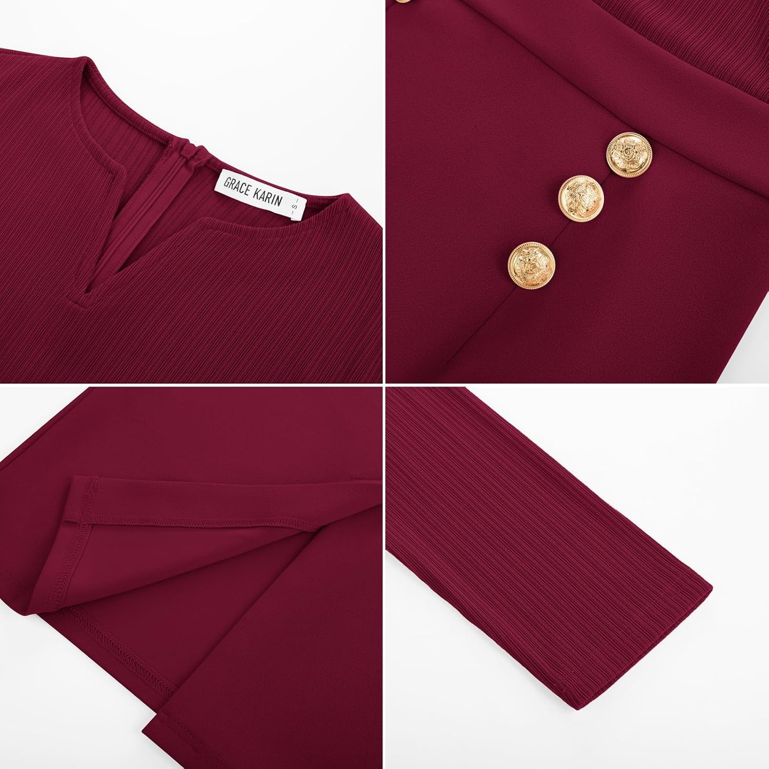 image:imageGRACE KARIN Womens 2026 Fall Long Sleeve Work Midi Dress Bodycon Business Casual Office Sheath Church Henley V Neck Metal Button Elegant Ribbed Knit Formal StretchyWine Red