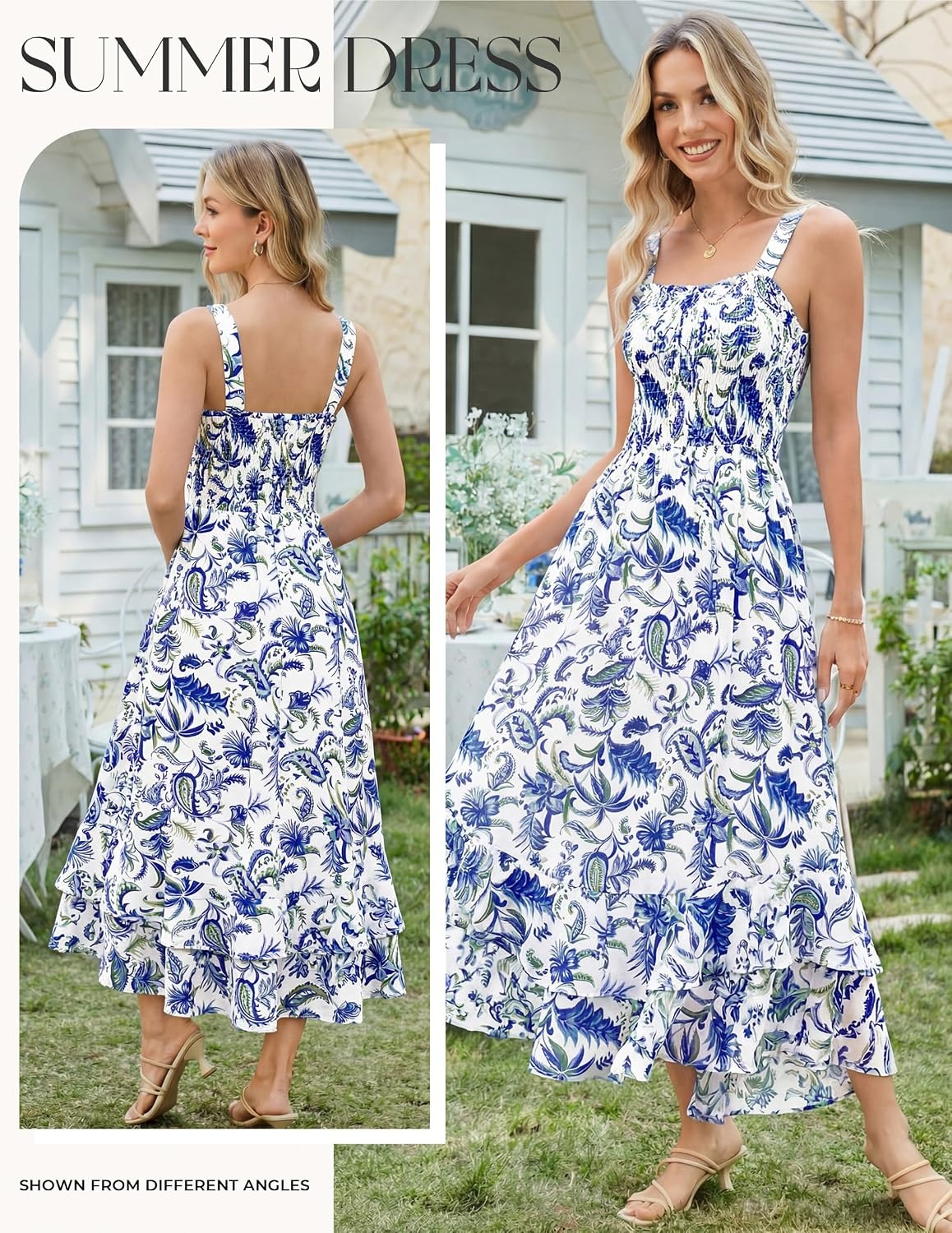 image:imageGRACE KARIN Womens 2026 Summer Floral Boho Dresses Square Neck Strapped Swing A Line Sundress Long Maxi Beach Dress Outfits Sleeveless Hawaiian Trendy Fashion ClothesBlue White Floral