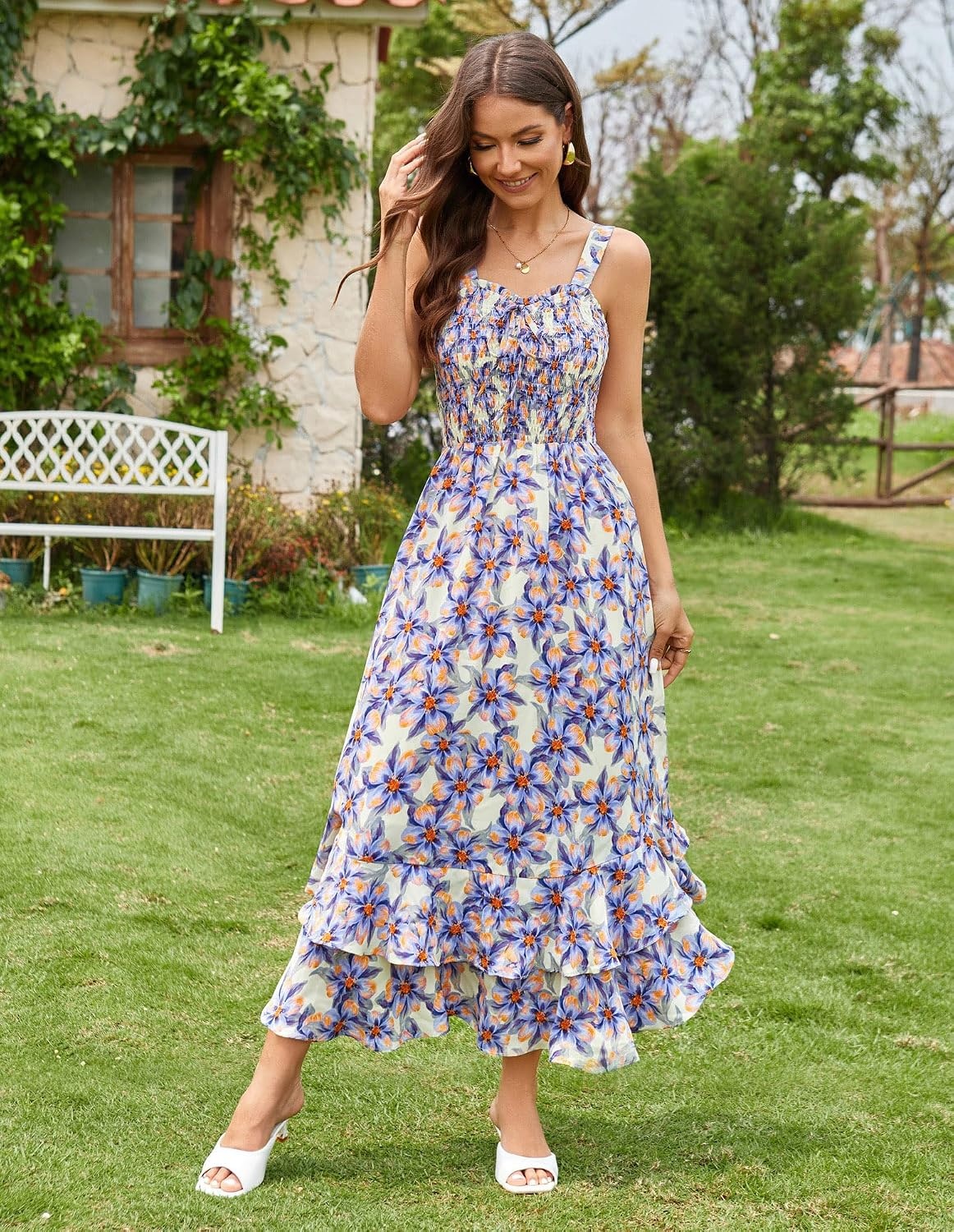 image:imageGRACE KARIN Womens 2026 Summer Floral Boho Dresses Square Neck Strapped Swing A Line Sundress Long Maxi Beach Dress Outfits Sleeveless Hawaiian Trendy Fashion ClothesBlue Floral