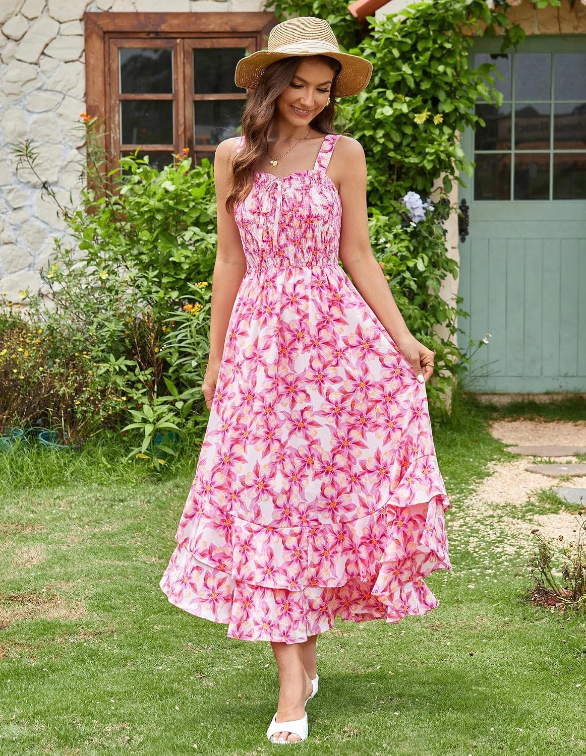 image:imageGRACE KARIN Womens 2026 Summer Floral Boho Dresses Square Neck Strapped Swing A Line Sundress Long Maxi Beach Dress Outfits Sleeveless Hawaiian Trendy Fashion ClothesPink Yellow Floral