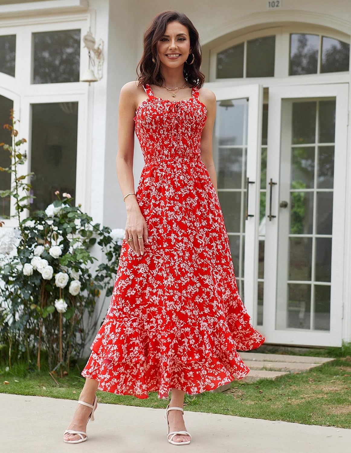 image:imageGRACE KARIN Womens 2026 Summer Floral Boho Dresses Square Neck Strapped Swing A Line Sundress Long Maxi Beach Dress Outfits Sleeveless Hawaiian Trendy Fashion ClothesRed