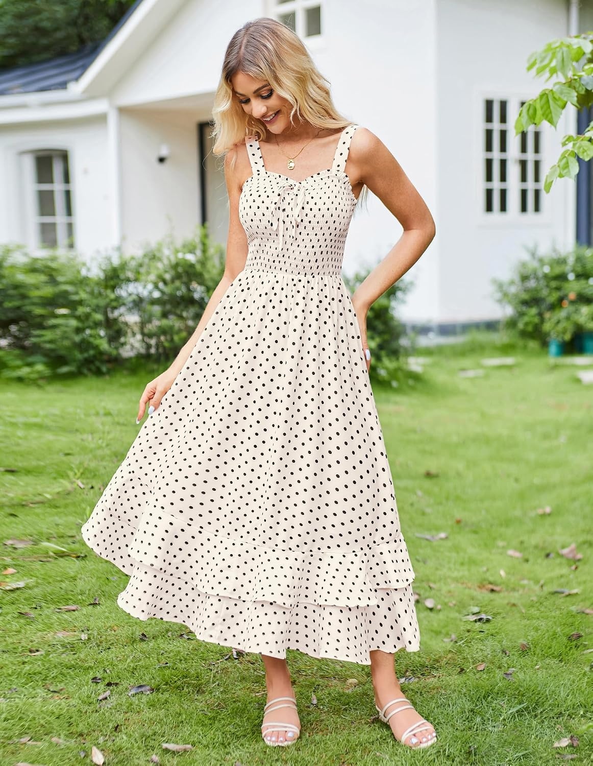 image:imageGRACE KARIN Womens 2026 Summer Floral Boho Dresses Square Neck Strapped Swing A Line Sundress Long Maxi Beach Dress Outfits Sleeveless Hawaiian Trendy Fashion ClothesBlack Dot
