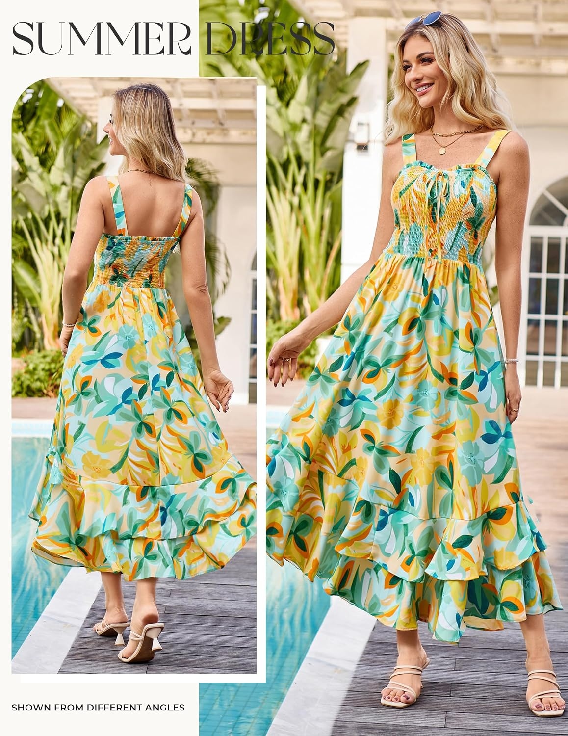image:imageGRACE KARIN Womens 2026 Summer Floral Boho Dresses Square Neck Strapped Swing A Line Sundress Long Maxi Beach Dress Outfits Sleeveless Hawaiian Trendy Fashion ClothesGreen Yellow