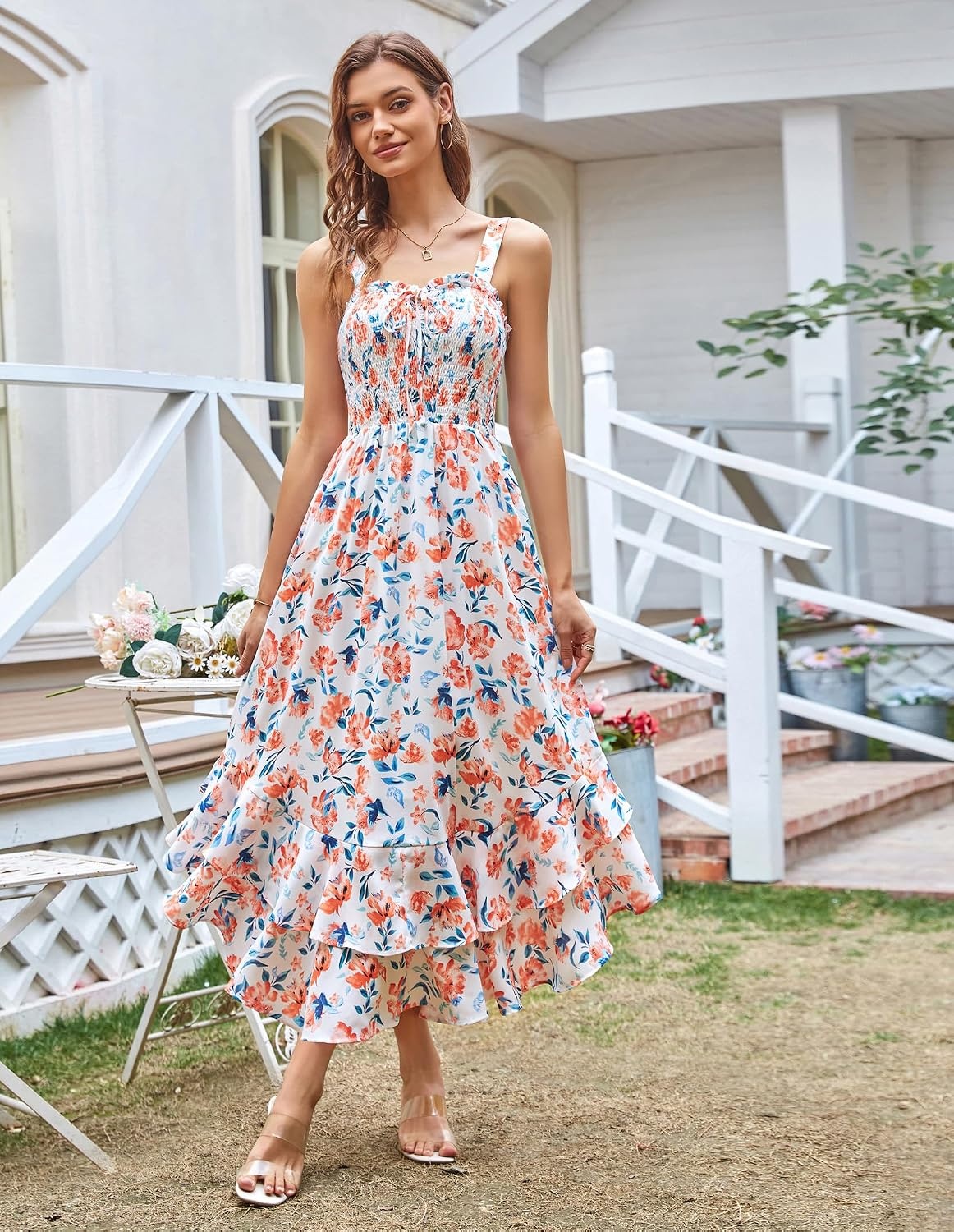 image:imageGRACE KARIN Womens 2026 Summer Floral Boho Dresses Square Neck Strapped Swing A Line Sundress Long Maxi Beach Dress Outfits Sleeveless Hawaiian Trendy Fashion ClothesOrange Floral