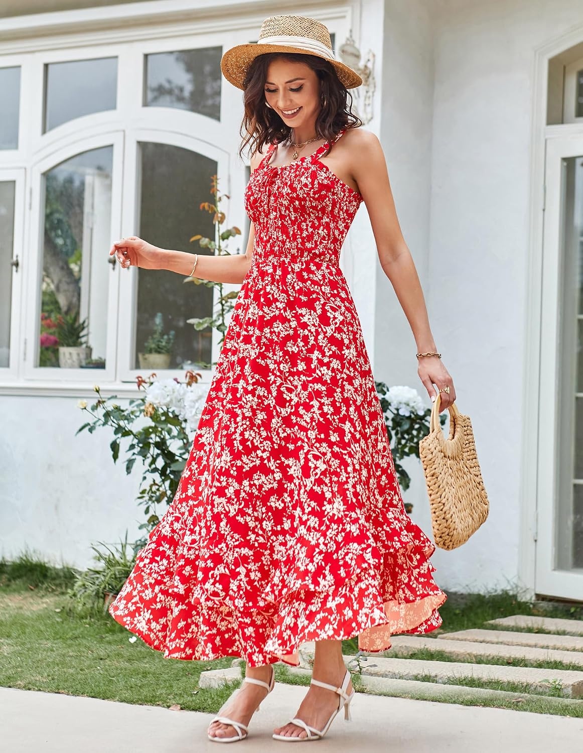 image:imageGRACE KARIN Womens 2026 Summer Floral Boho Dresses Square Neck Strapped Swing A Line Sundress Long Maxi Beach Dress Outfits Sleeveless Hawaiian Trendy Fashion ClothesRed