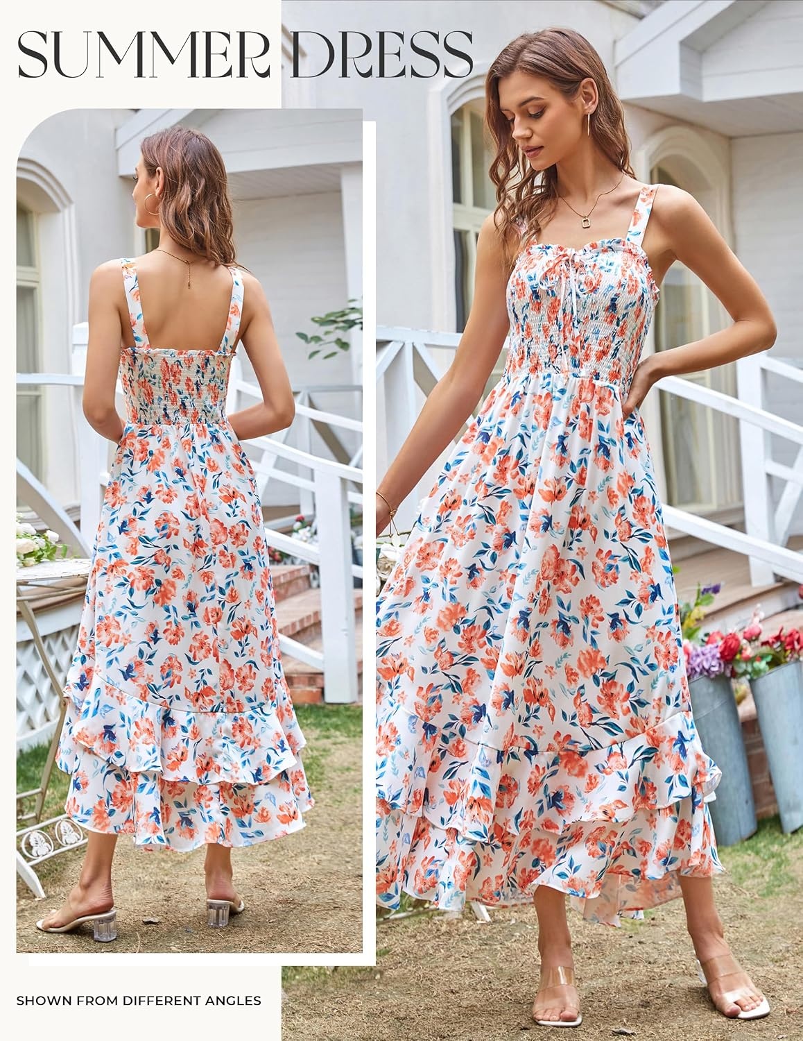 image:imageGRACE KARIN Womens 2026 Summer Floral Boho Dresses Square Neck Strapped Swing A Line Sundress Long Maxi Beach Dress Outfits Sleeveless Hawaiian Trendy Fashion ClothesOrange Floral