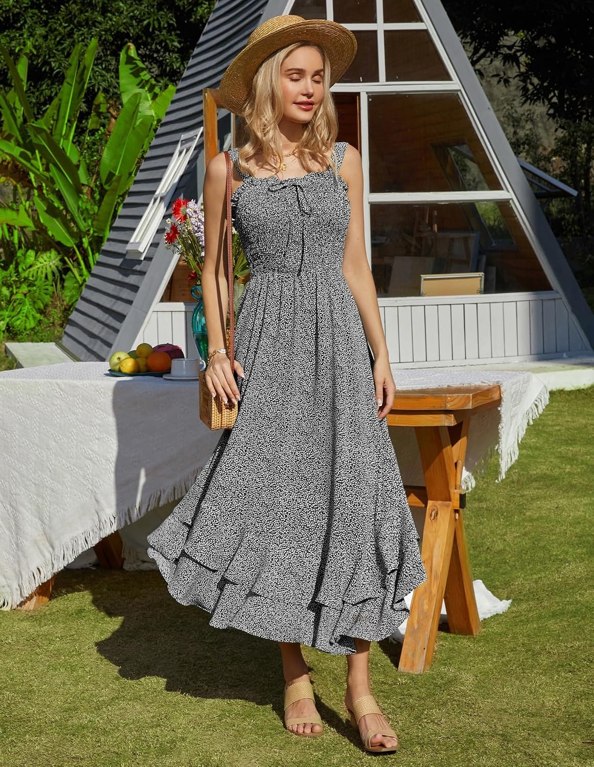 image:imageGRACE KARIN Womens 2026 Summer Floral Boho Dresses Square Neck Strapped Swing A Line Sundress Long Maxi Beach Dress Outfits Sleeveless Hawaiian Trendy Fashion ClothesBlack