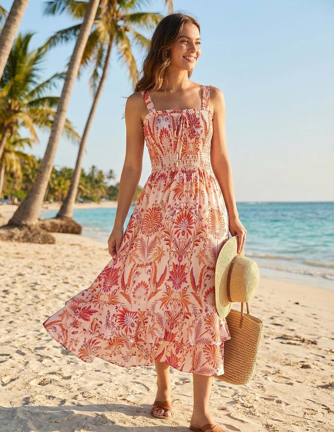 image:imageGRACE KARIN Womens 2026 Summer Floral Boho Dresses Square Neck Strapped Swing A Line Sundress Long Maxi Beach Dress Outfits Sleeveless Hawaiian Trendy Fashion ClothesBeige Floral