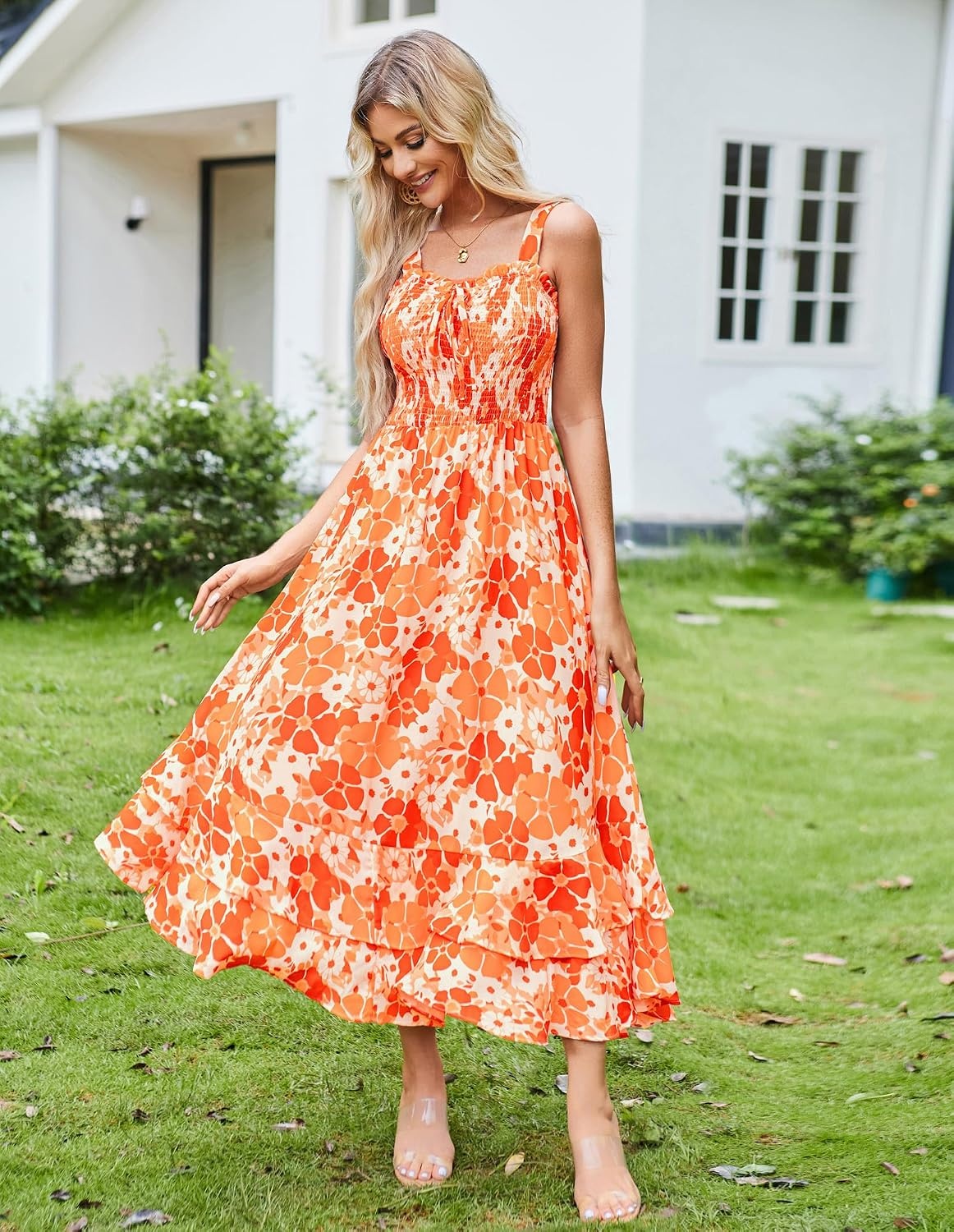 image:imageGRACE KARIN Womens 2026 Summer Floral Boho Dresses Square Neck Strapped Swing A Line Sundress Long Maxi Beach Dress Outfits Sleeveless Hawaiian Trendy Fashion ClothesOrange