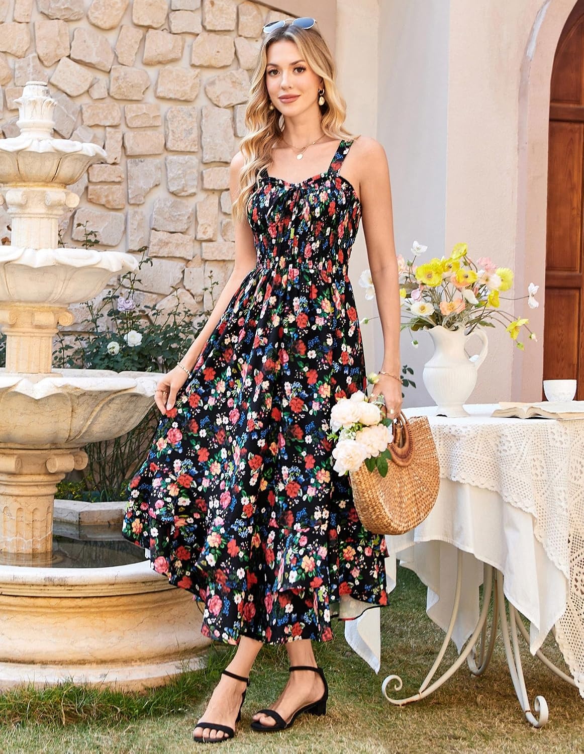image:imageGRACE KARIN Womens 2026 Summer Floral Boho Dresses Square Neck Strapped Swing A Line Sundress Long Maxi Beach Dress Outfits Sleeveless Hawaiian Trendy Fashion ClothesBlack Floral