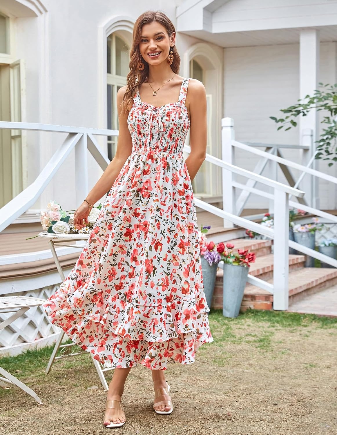 image:imageGRACE KARIN Womens 2026 Summer Floral Boho Dresses Square Neck Strapped Swing A Line Sundress Long Maxi Beach Dress Outfits Sleeveless Hawaiian Trendy Fashion ClothesPink Floral