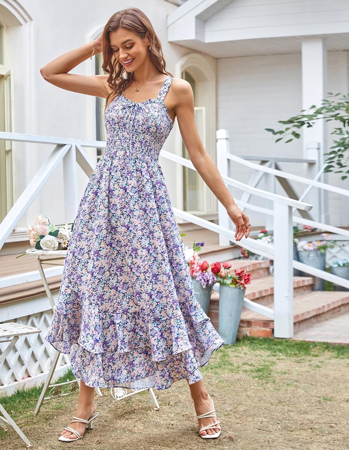 image:imageGRACE KARIN Womens 2026 Summer Floral Boho Dresses Square Neck Strapped Swing A Line Sundress Long Maxi Beach Dress Outfits Sleeveless Hawaiian Trendy Fashion ClothesPurple Floral