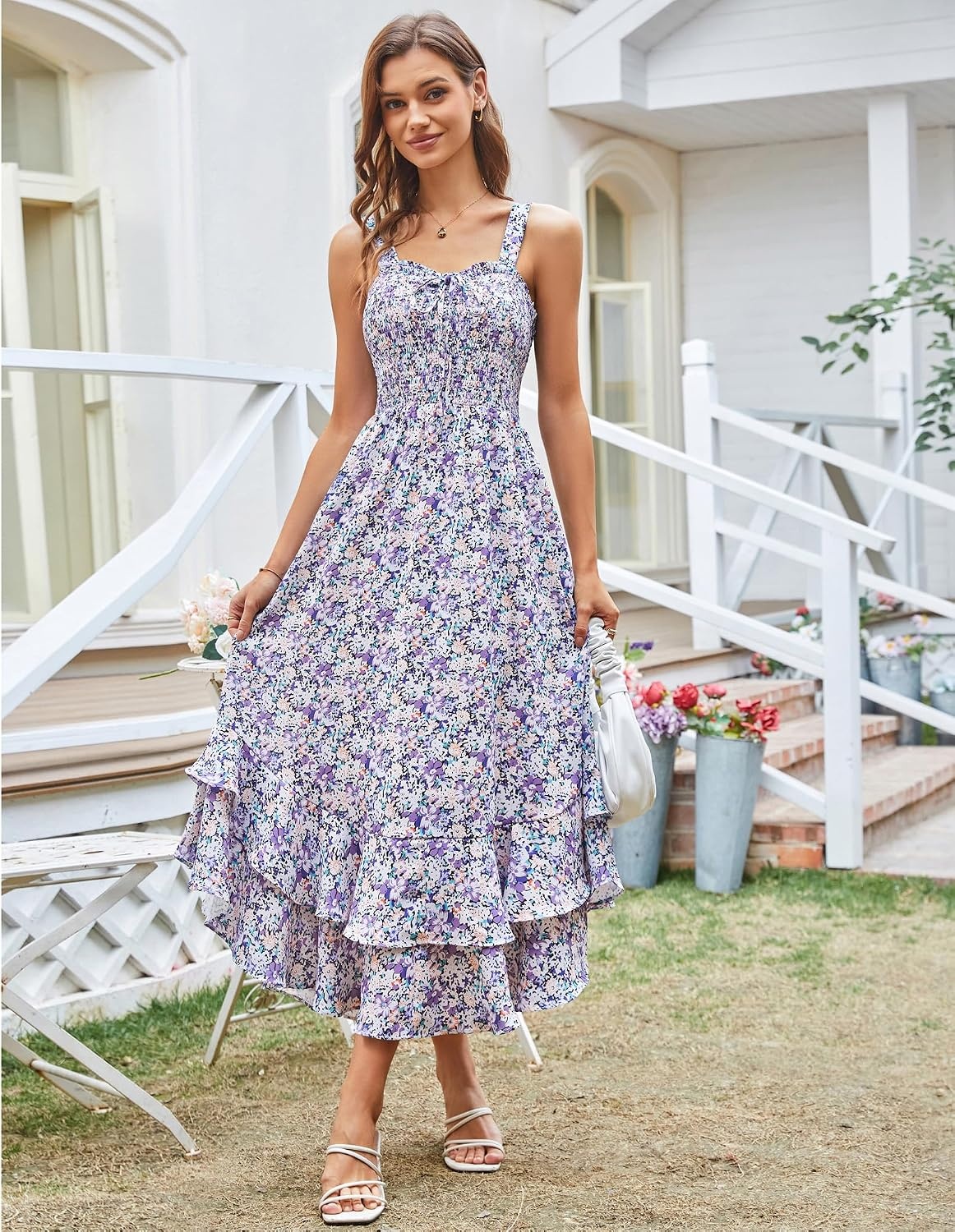 image:imageGRACE KARIN Womens 2026 Summer Floral Boho Dresses Square Neck Strapped Swing A Line Sundress Long Maxi Beach Dress Outfits Sleeveless Hawaiian Trendy Fashion ClothesPurple Floral