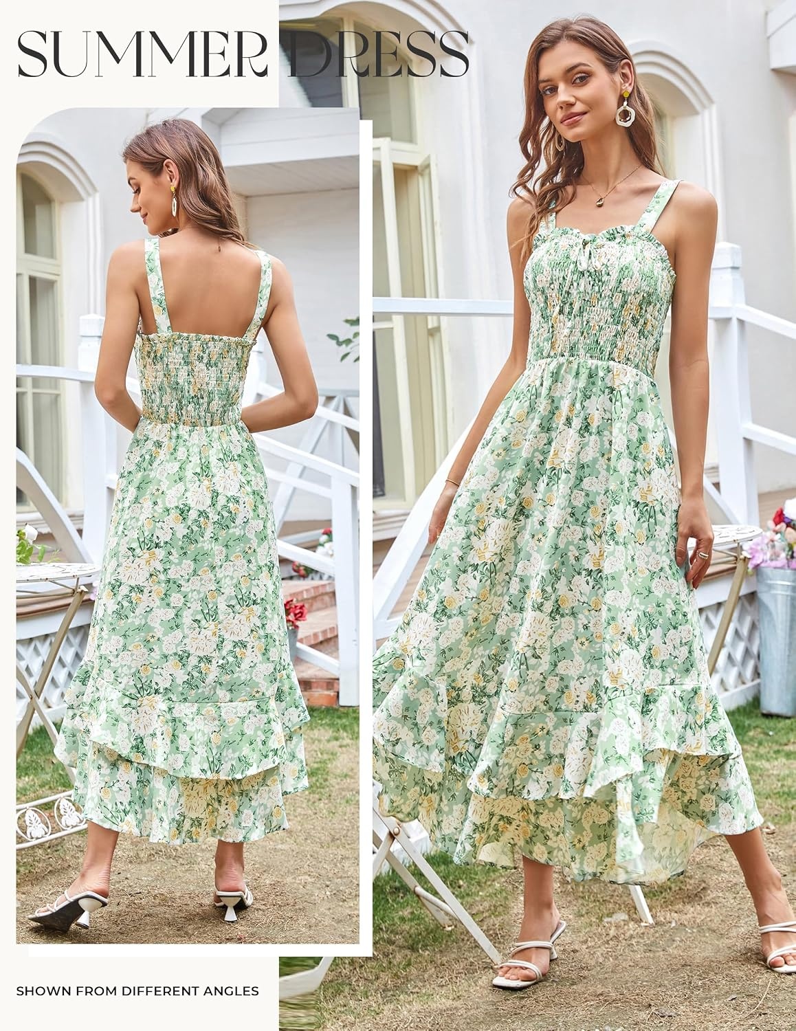 image:imageGRACE KARIN Womens 2026 Summer Floral Boho Dresses Square Neck Strapped Swing A Line Sundress Long Maxi Beach Dress Outfits Sleeveless Hawaiian Trendy Fashion ClothesGreen White