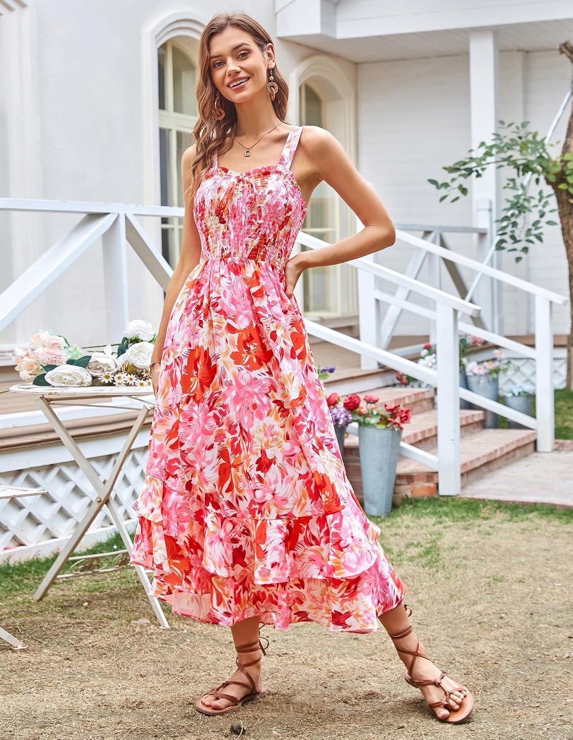 image:imageGRACE KARIN Womens 2026 Summer Floral Boho Dresses Square Neck Strapped Swing A Line Sundress Long Maxi Beach Dress Outfits Sleeveless Hawaiian Trendy Fashion ClothesRed Pink