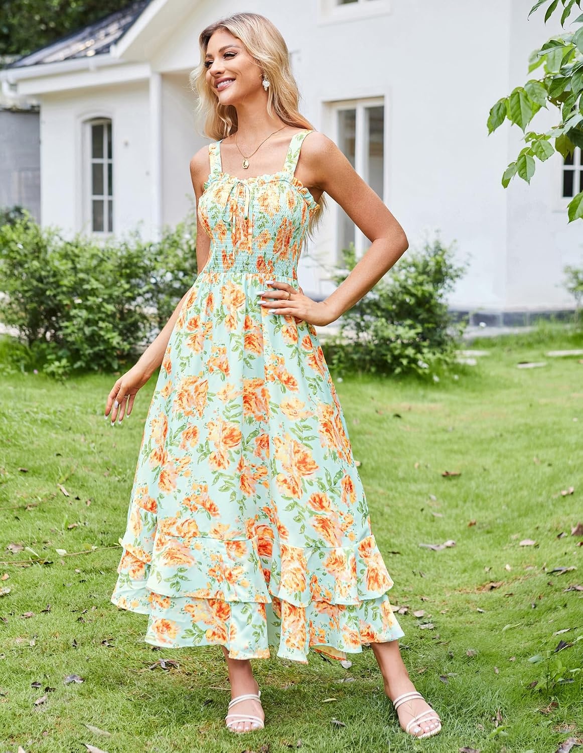 image:imageGRACE KARIN Womens 2026 Summer Floral Boho Dresses Square Neck Strapped Swing A Line Sundress Long Maxi Beach Dress Outfits Sleeveless Hawaiian Trendy Fashion ClothesYellow Floral