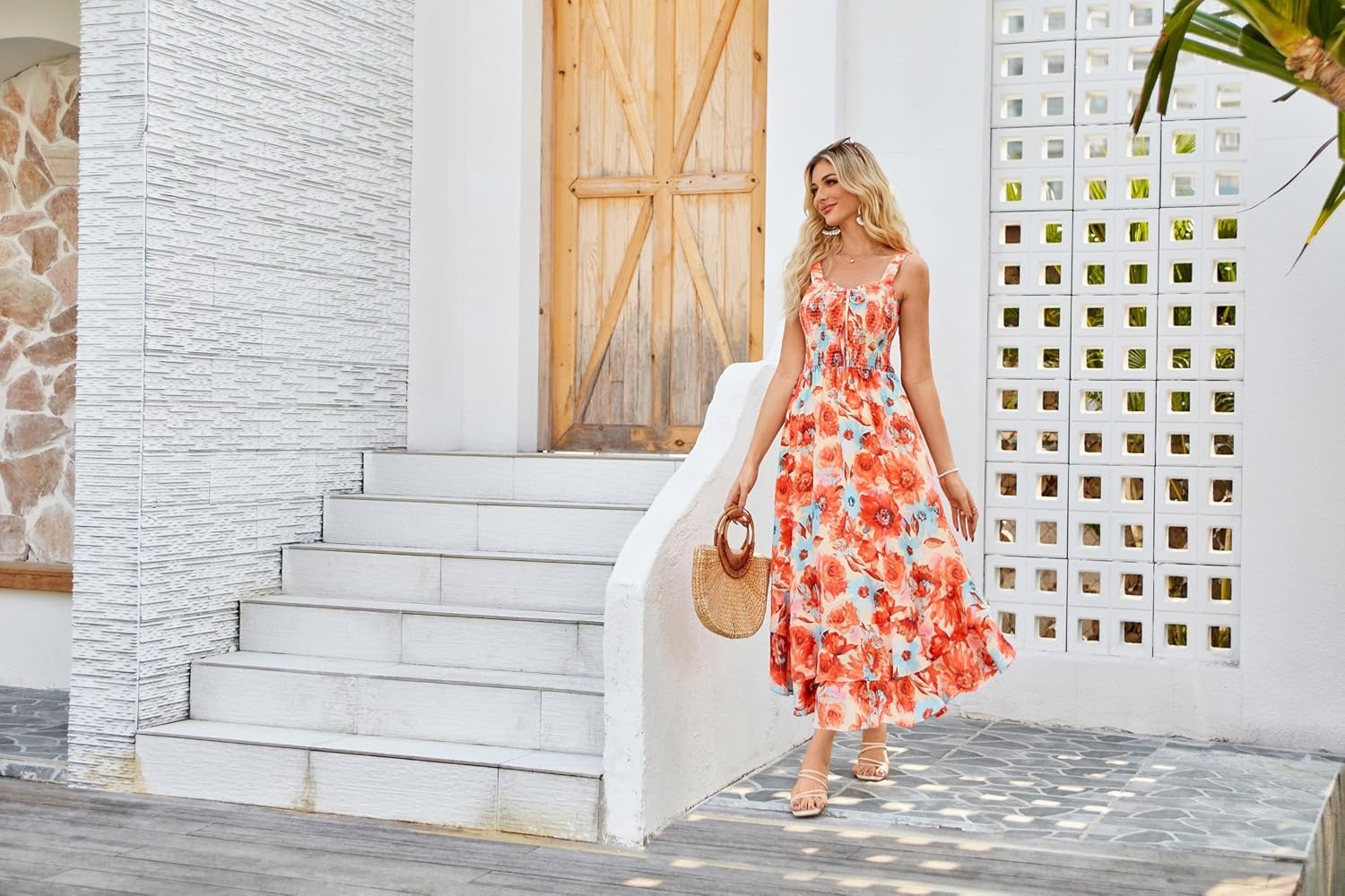 image:imageGRACE KARIN Womens 2026 Summer Floral Boho Dresses Square Neck Strapped Swing A Line Sundress Long Maxi Beach Dress Outfits Sleeveless Hawaiian Trendy Fashion ClothesOrange Flower